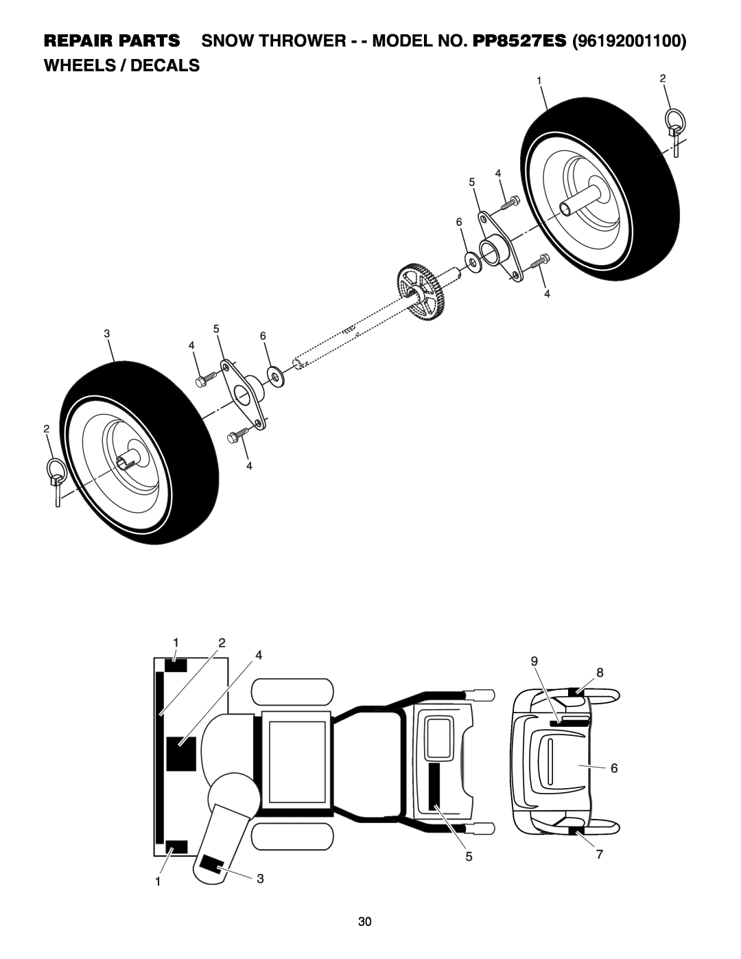 Poulan owner manual Wheels / Decals, REPAIR PARTS SNOW THROWER - - MODEL NO. PP8527ES 