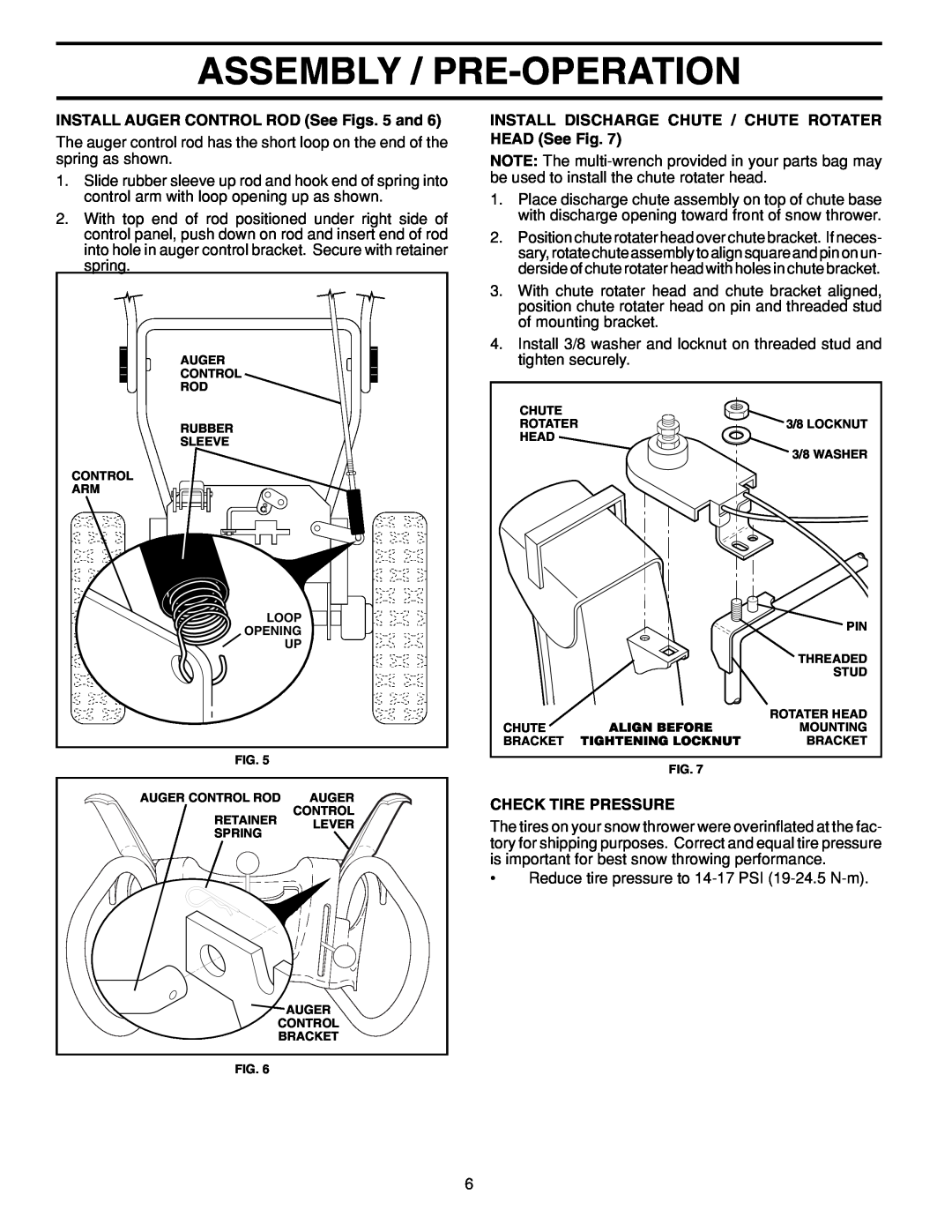 Poulan PP8527ES owner manual Assembly / Pre-Operation, INSTALL AUGER CONTROL ROD See Figs. 5 and, Check Tire Pressure 