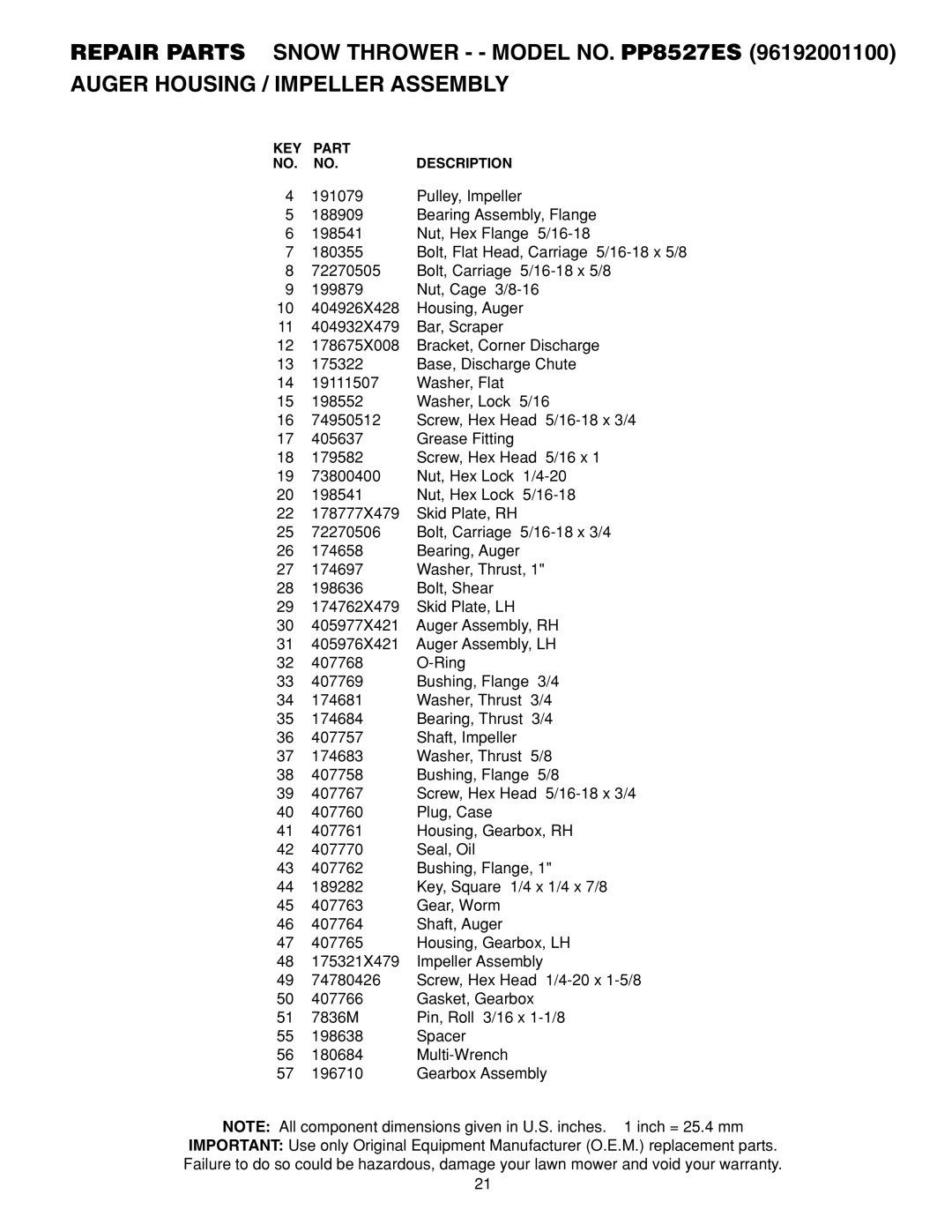 Poulan PP8527ES owner manual KEY Part Description 