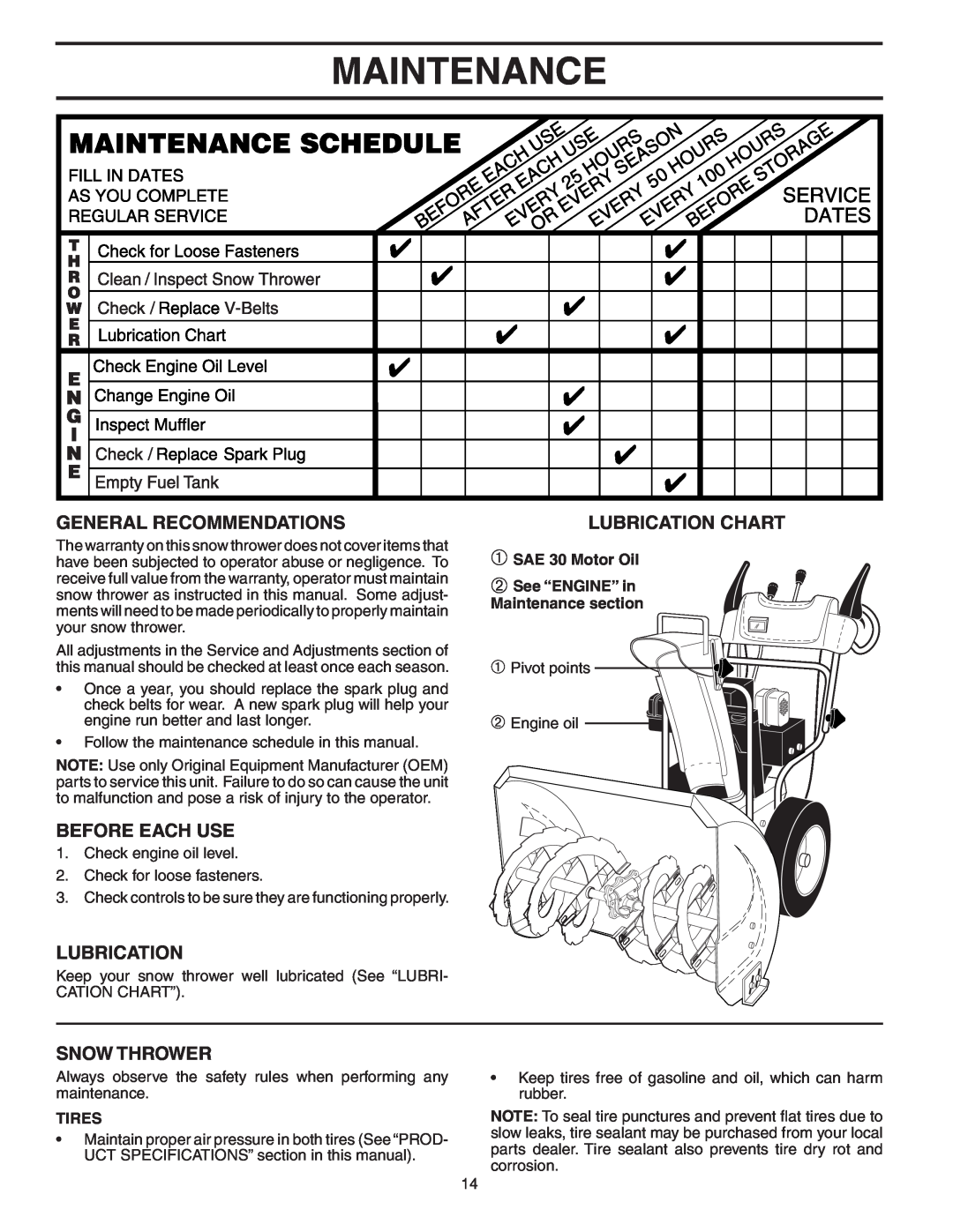 Poulan PP8527ESA Maintenance, General Recommendations, Before Each Use, Snow Thrower, Lubrication Chart, Tires 