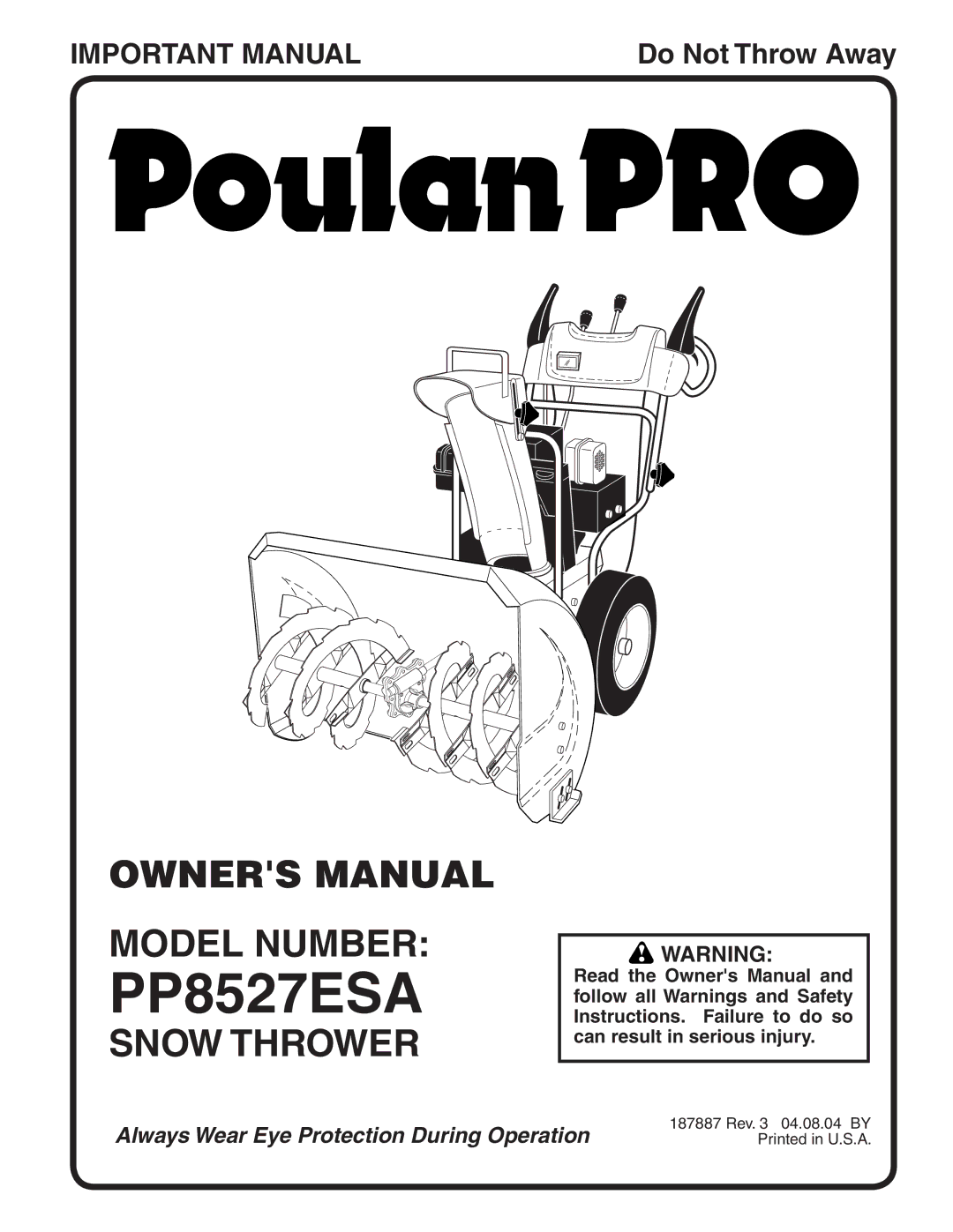 Poulan PP8527ESA owner manual Model Number, Snow Thrower 