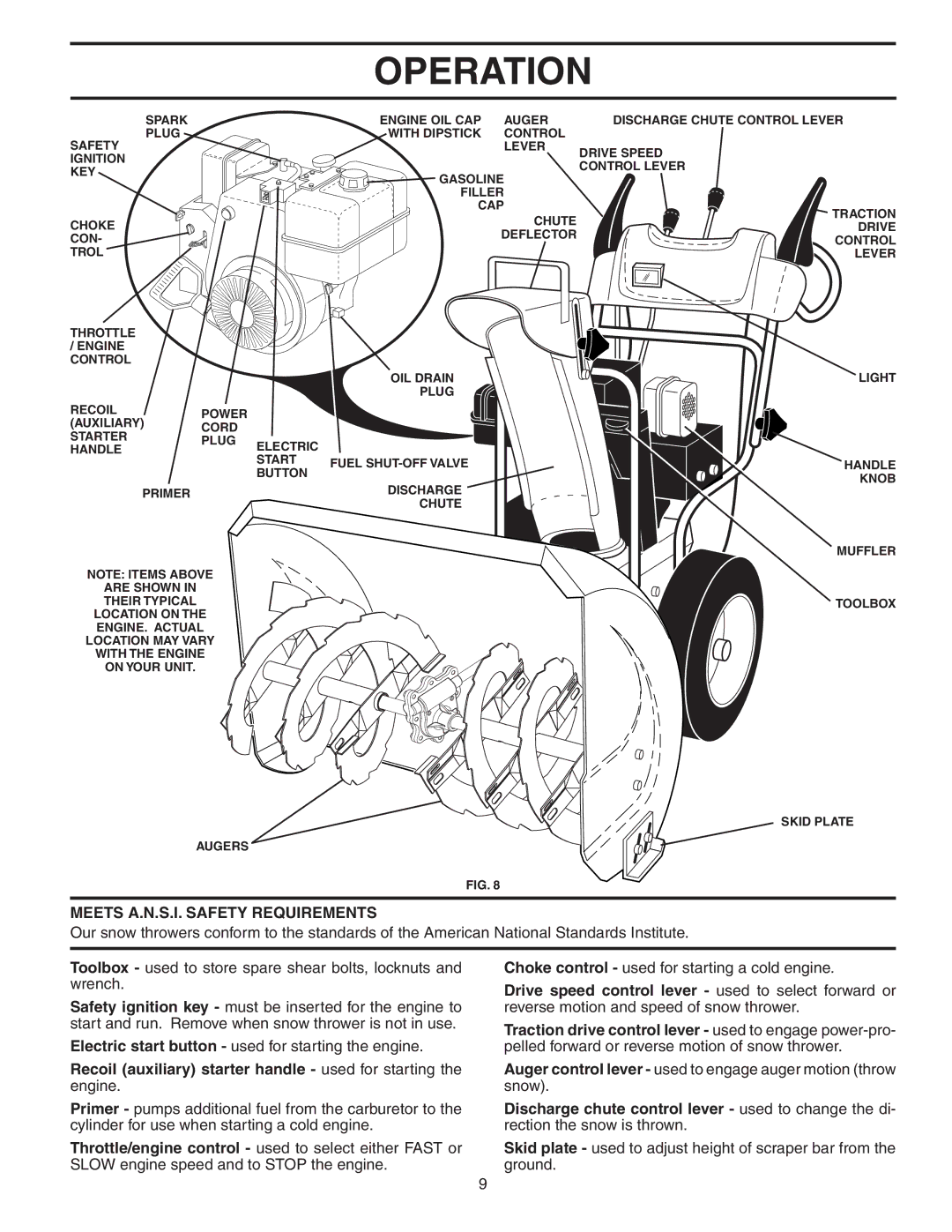 Poulan PP8527ESA Meets A.N.S.I. Safety Requirements, Recoil auxiliary starter handle used for starting the engine 