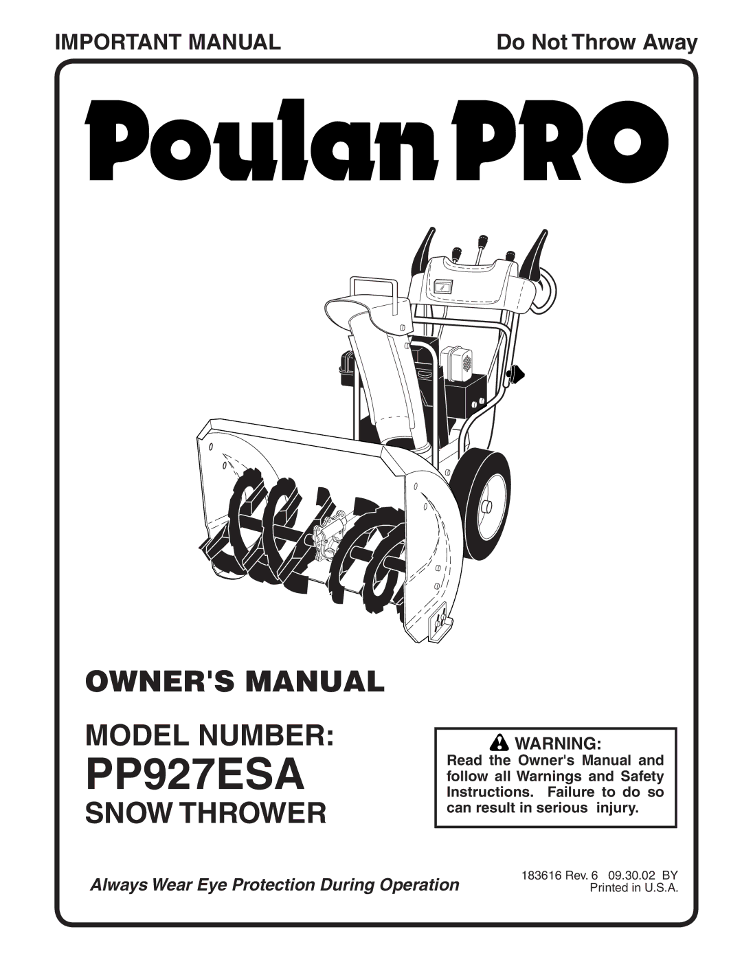 Poulan PP927ESA owner manual Model Number, Snow Thrower 