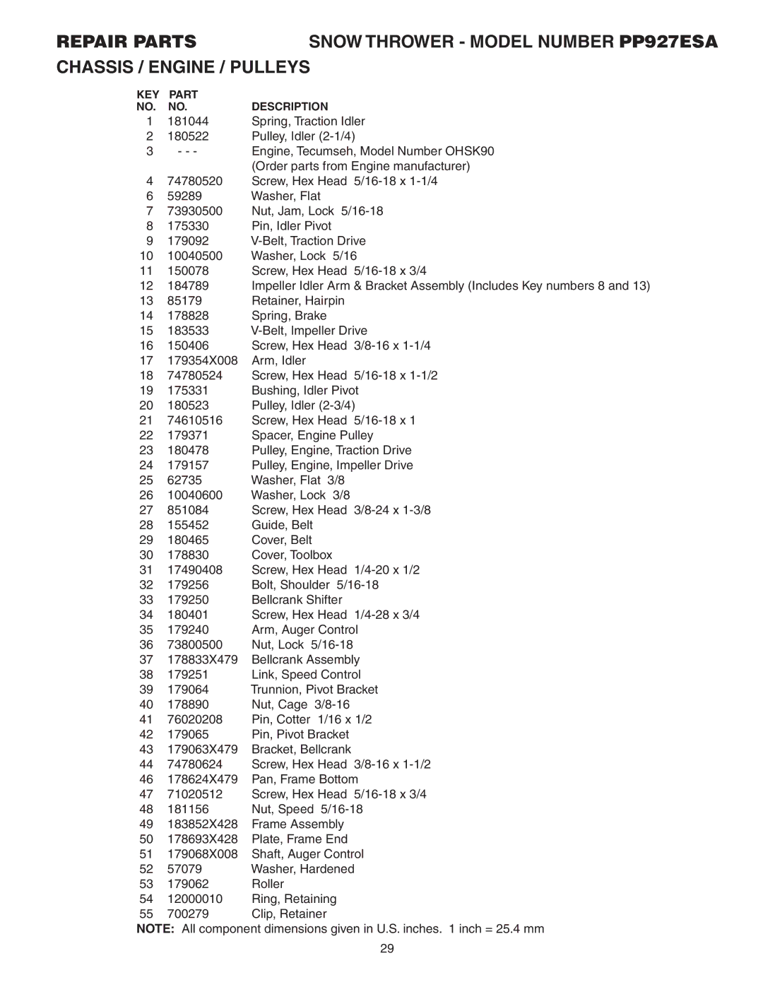 Poulan PP927ESA owner manual KEY Part Description 