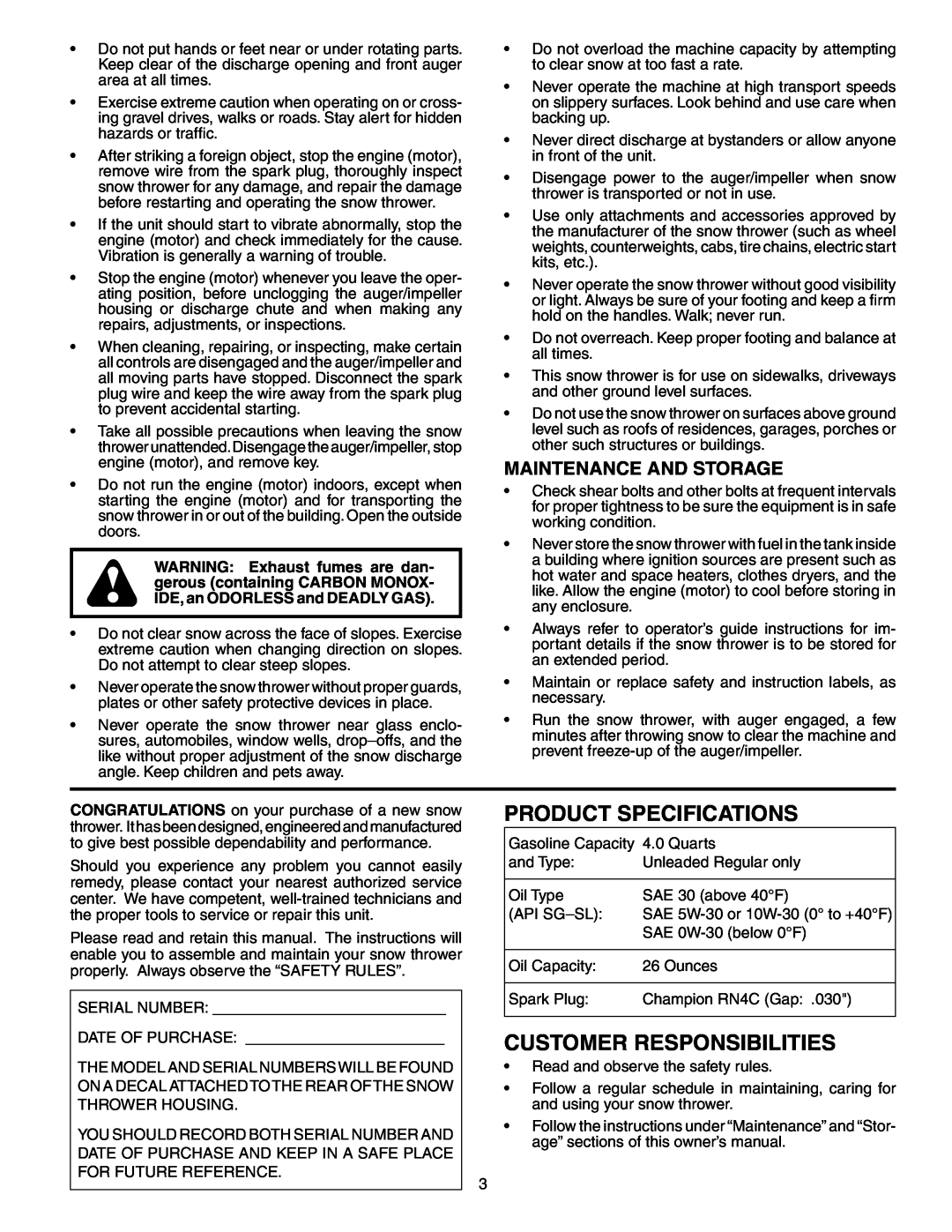 Poulan PP927ESC owner manual Maintenance And Storage, Product Specifications, Customer Responsibilities 
