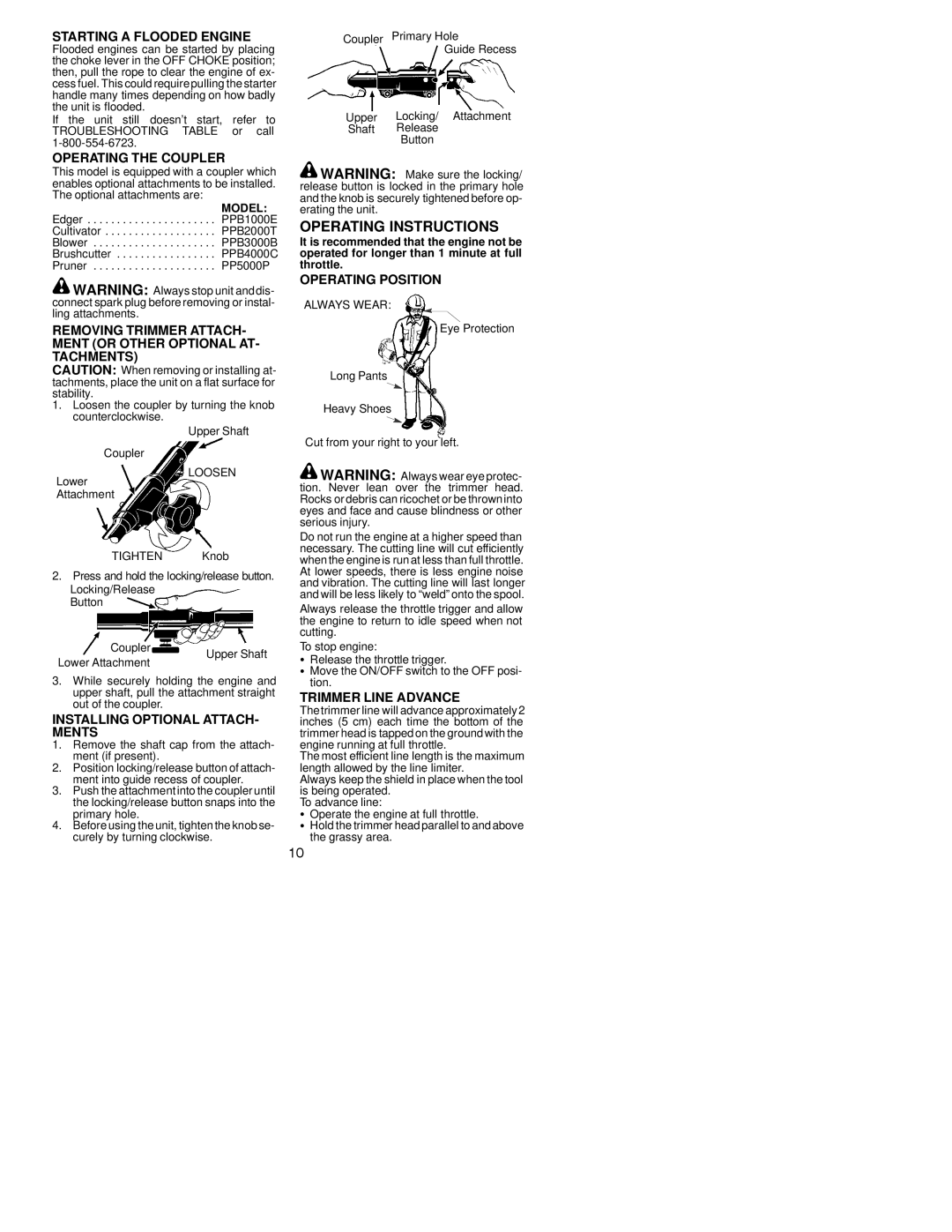 Poulan PPB100 Starting a Flooded Engine, Operating the Coupler, Operating Position, Installing Optional ATTACH- Ments 