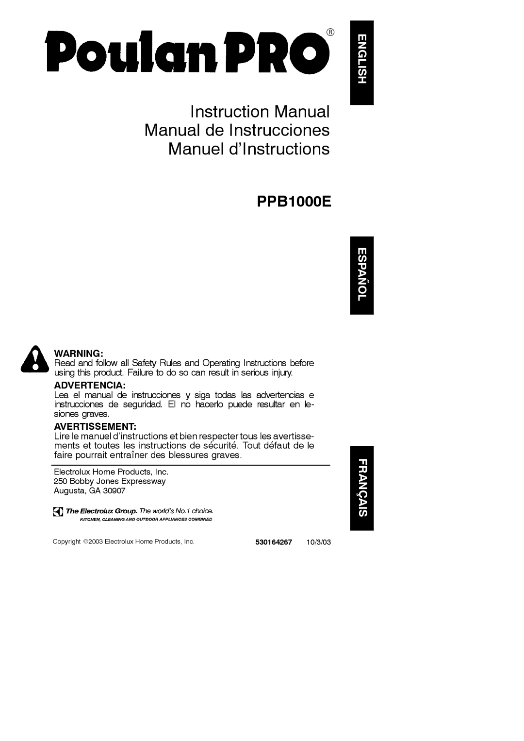 Poulan PPB1000E instruction manual 10/3/03 