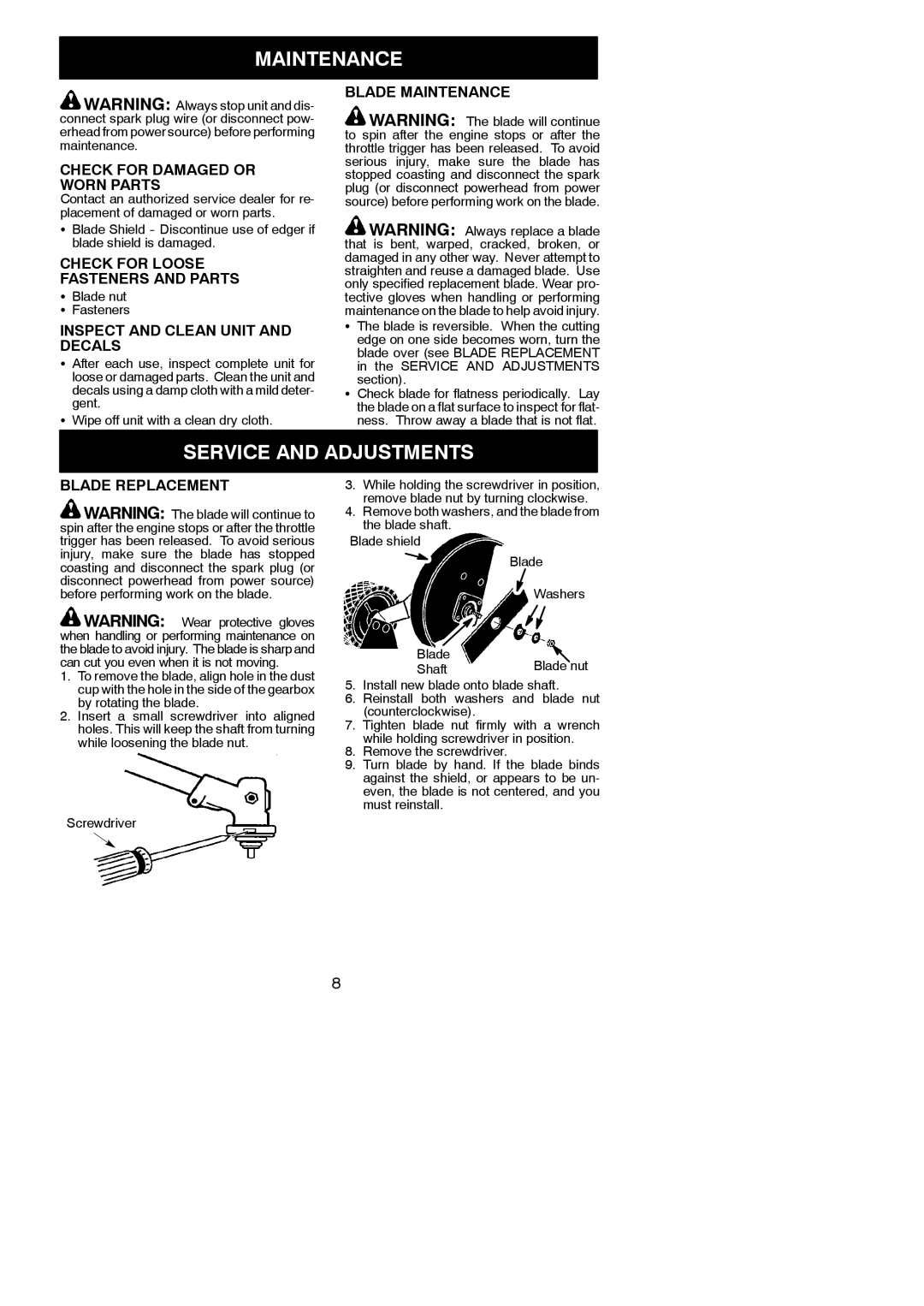 Poulan PPB1000E instruction manual Maintenance, Service and Adjustments 