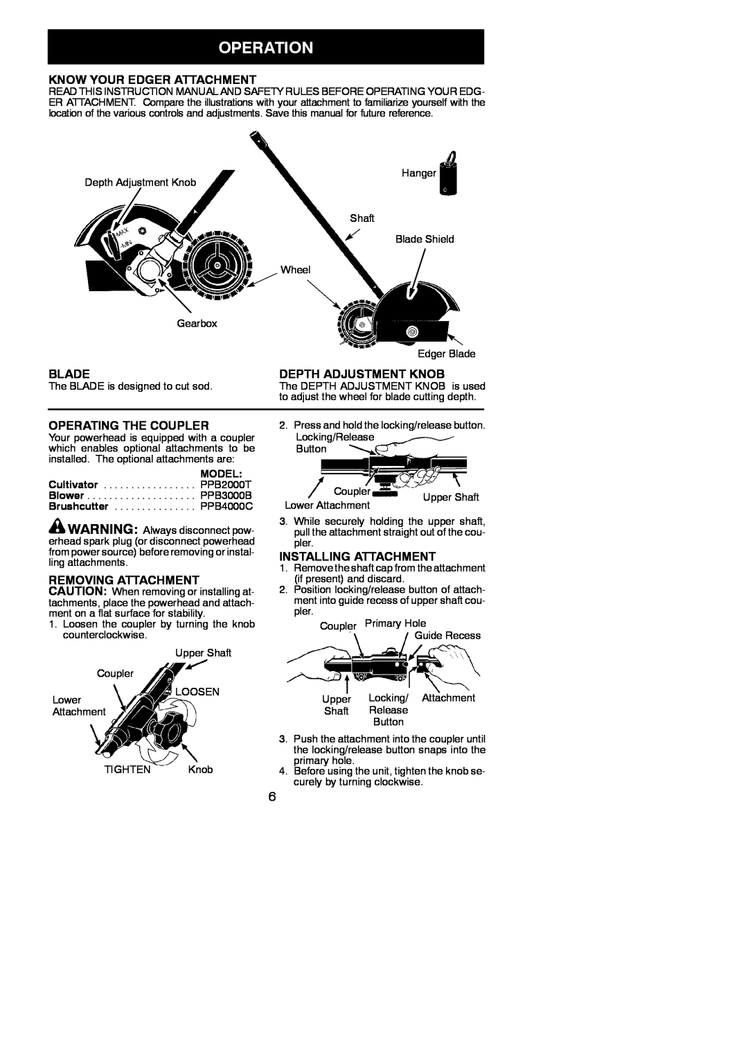 Poulan PPB1000E Operation, Know Your Edger Attachment, Blade, Depth Adjustment Knob, Operating The Coupler, Model 