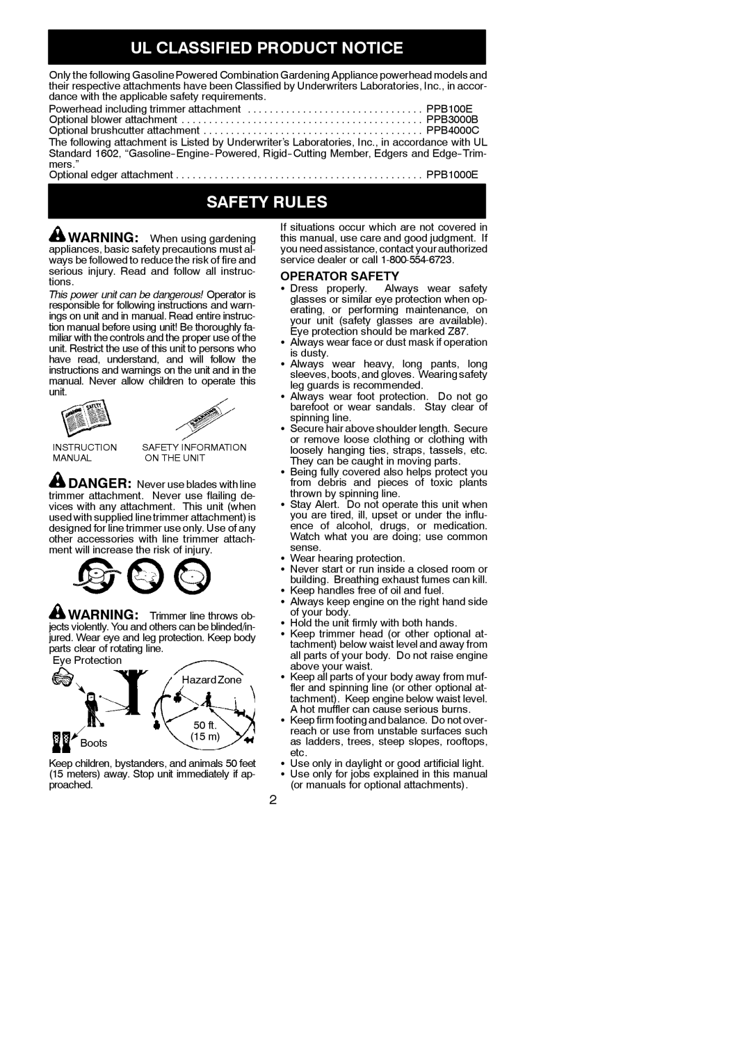 Poulan PPB100E instruction manual UL Classified Product Notice, Safety Rules, Operator Safety 