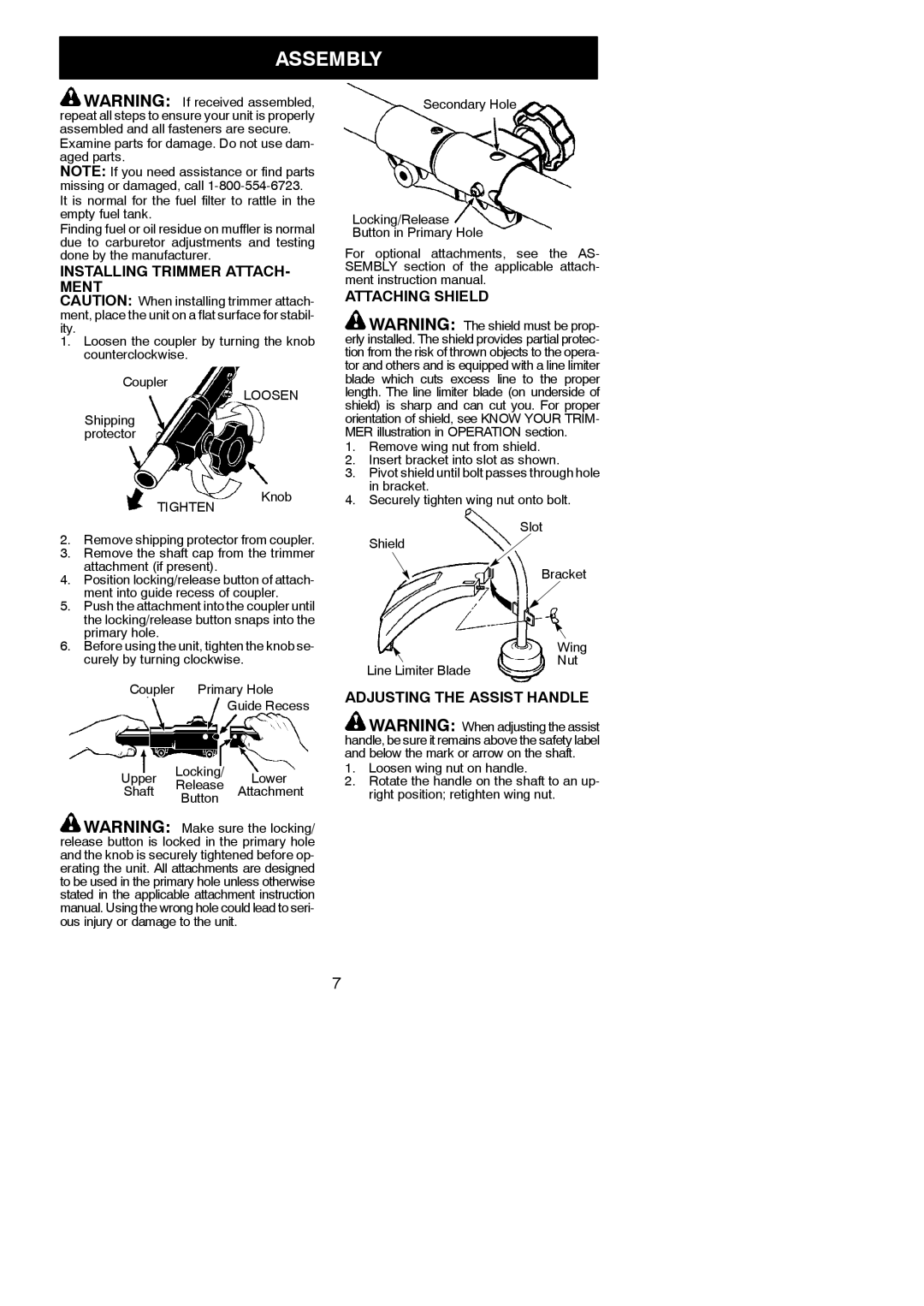 Poulan PPB100E instruction manual Assembly, Installing Trimmer ATTACH- Ment, Attaching Shield, Adjusting the Assist Handle 