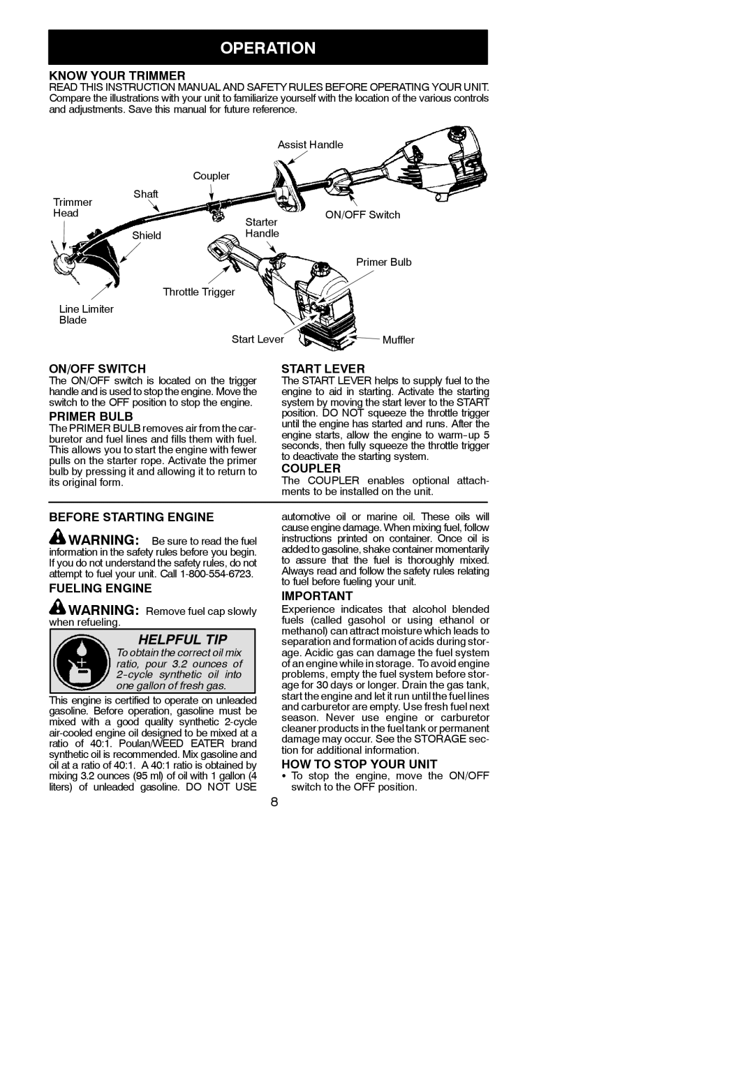 Poulan PPB100E instruction manual Operation 