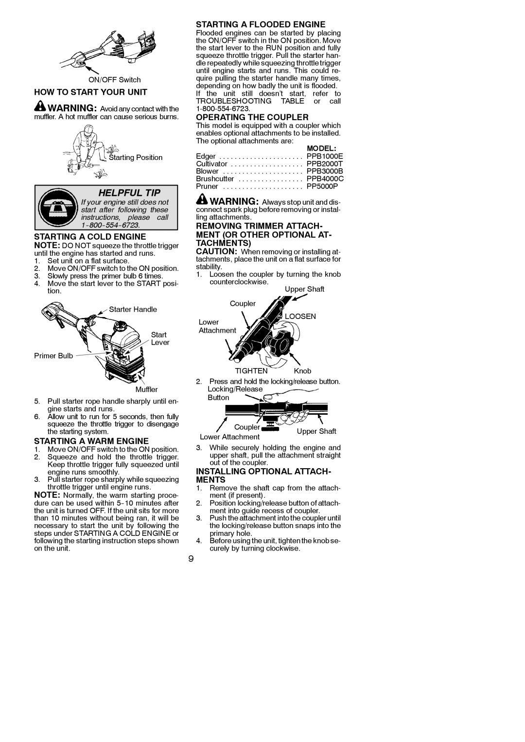 Poulan PPB100E HOW to Start Your Unit, Starting a Cold Engine, Starting a Flooded Engine, Operating the Coupler 