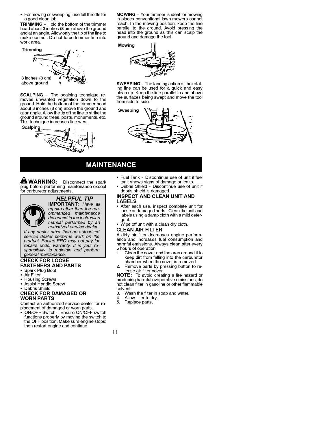 Poulan PPB150E Maintenance, Check for Loose Fasteners and Parts, Check for Damaged or Worn Parts, Clean AIR Filter 