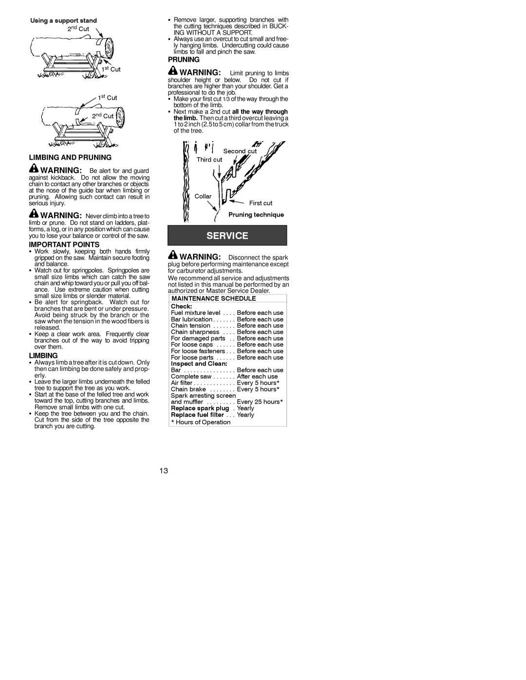 Poulan PPB1634, PPB1838, 530164284 instruction manual Limbing and Pruning Important Points, Erly, ING Without a Support 