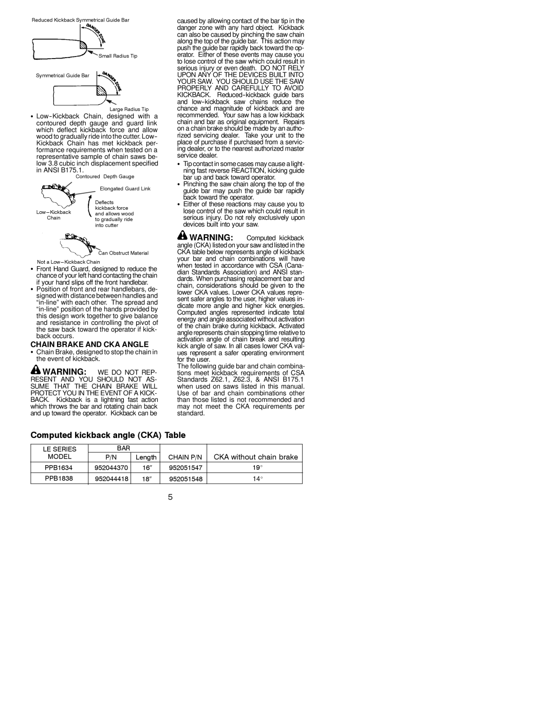 Poulan 530164284, PPB1838, PPB1634 instruction manual Chain Brake and CKA Angle, If your hand slips off the front handlebar 