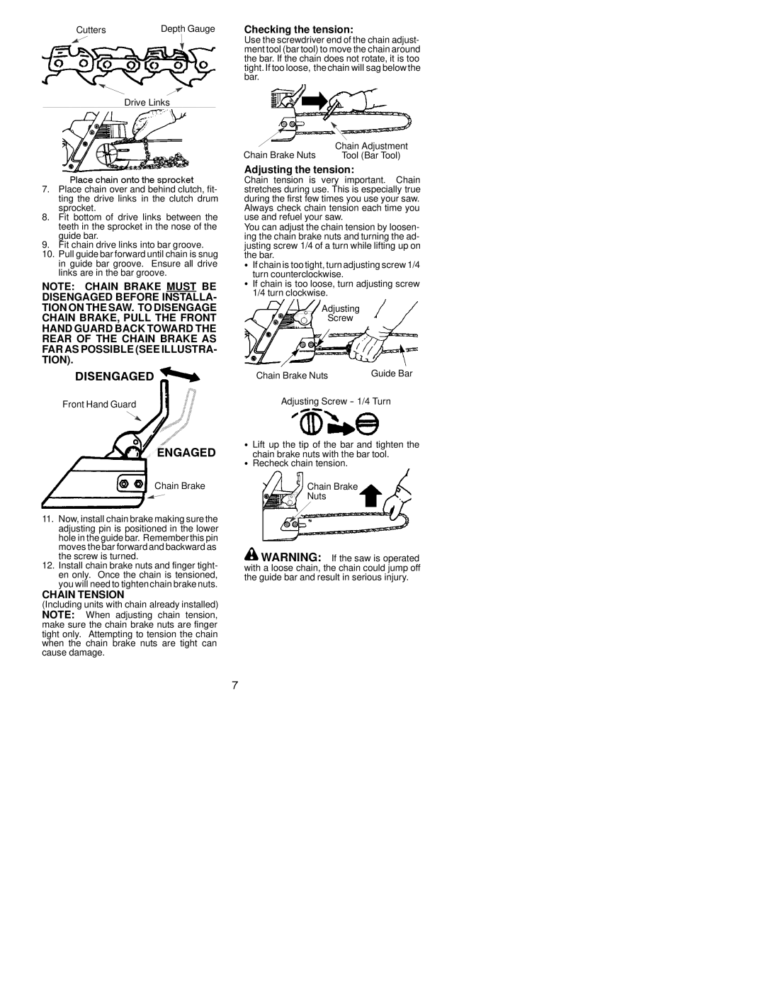 Poulan PPB1634, PPB1838, 530164284 instruction manual Checking the tension, Chain Tension, Adjusting the tension 