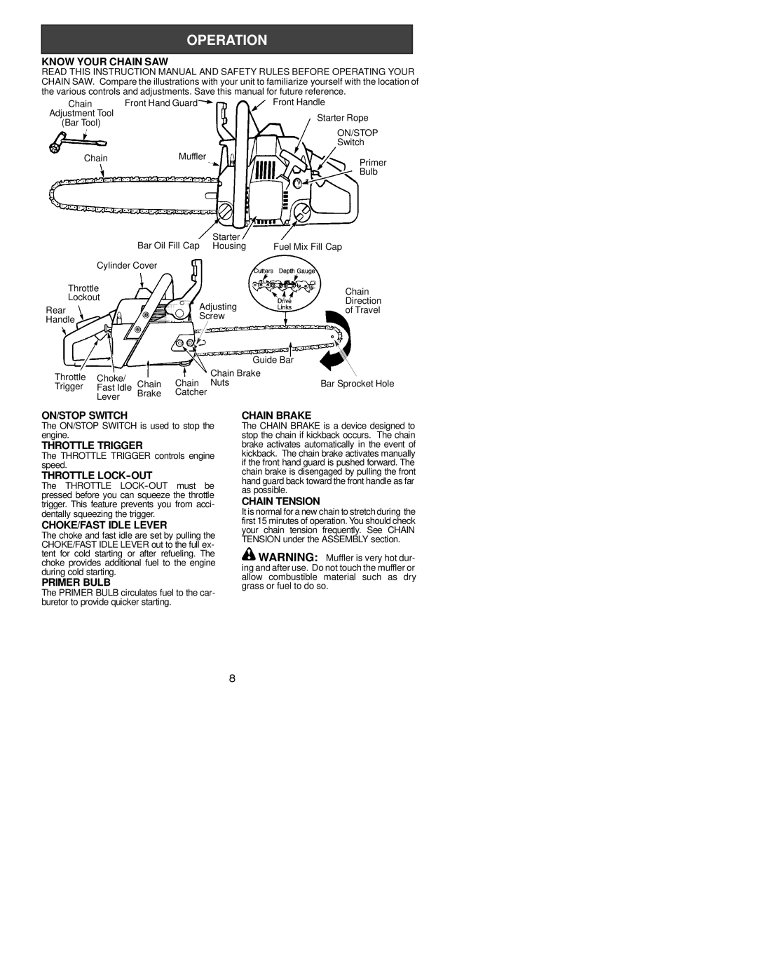 Poulan 530164284, PPB1838 Know Your Chain SAW, ON/STOP Switch, Throttle Trigger, Throttle LOCK--OUT, CHOKE/FAST Idle Lever 