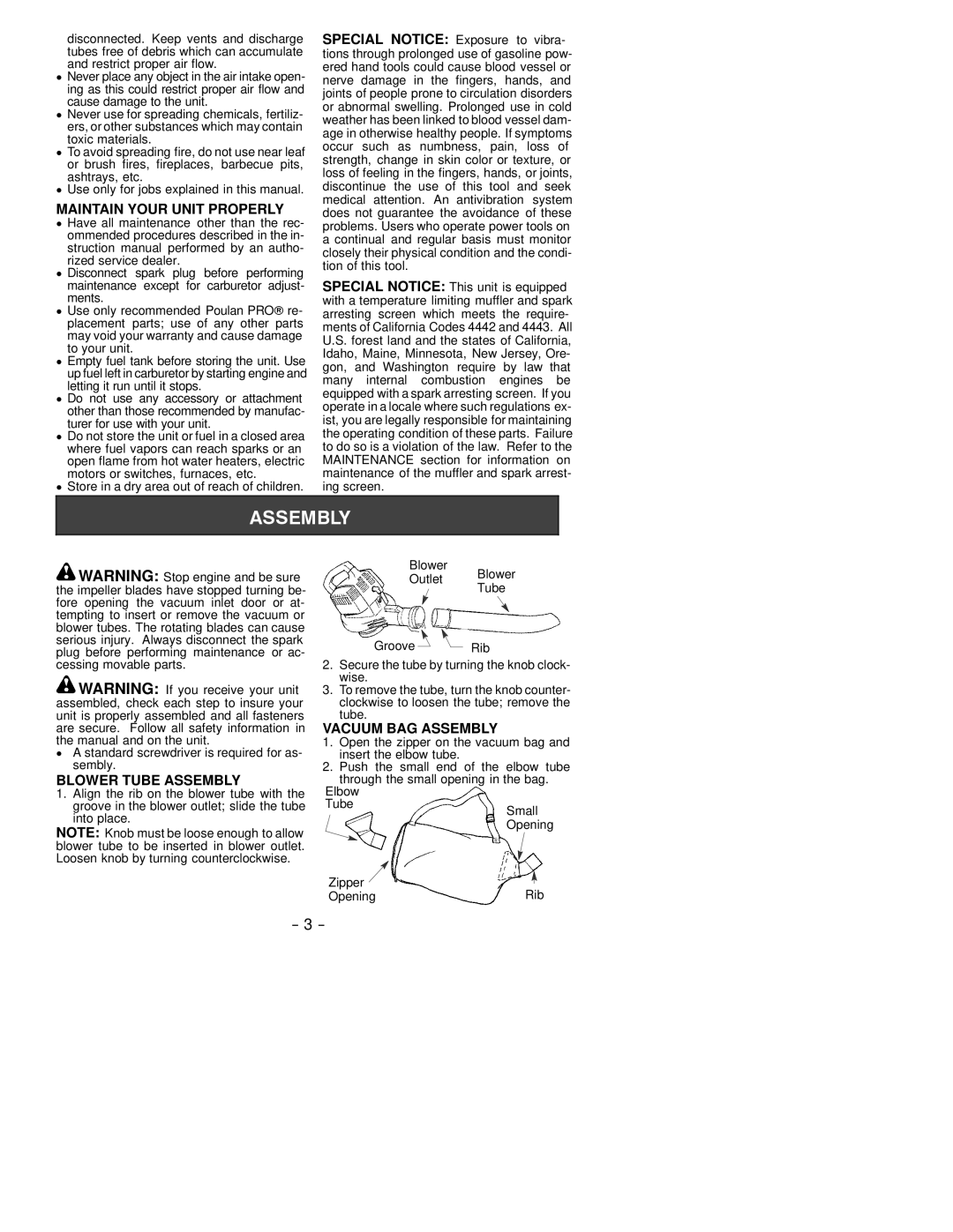 Poulan PPB200 LE instruction manual Maintain Your Unit Properly, Blower Tube Assembly, Vacuum BAG Assembly 