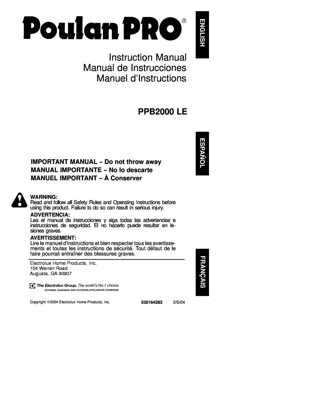 Poulan PPB200 LE instruction manual PPB2000 LE, Advertencia, Avertissement 