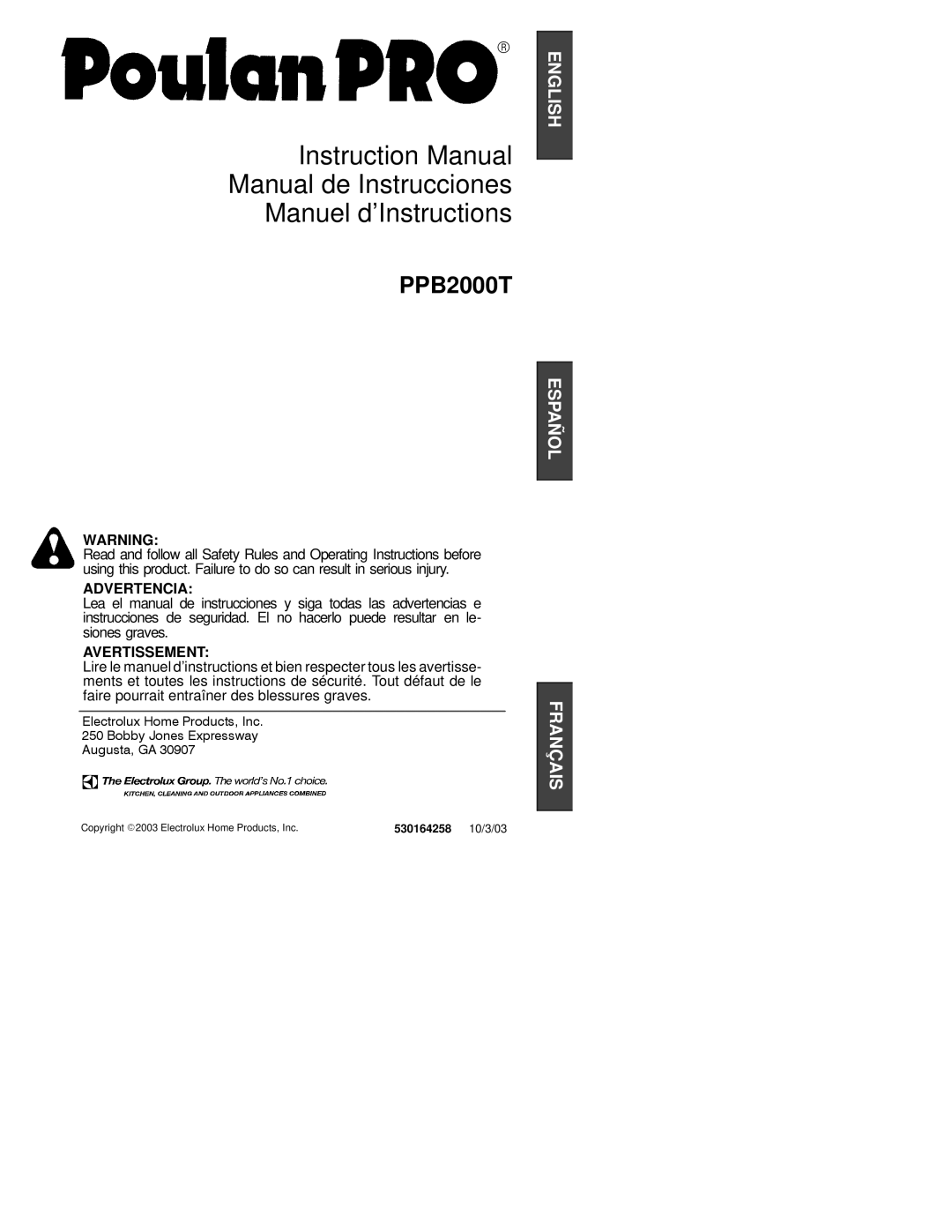 Poulan PPB2000T instruction manual Manual de Instrucciones Manuel d’Instructions, 530164258 10/3/03 