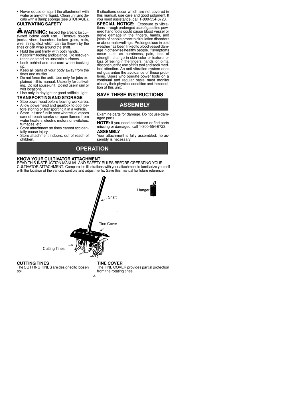 Poulan PPB2000T, 530164258 Cultivating Safety, Transporting and Storage, Assembly, Know Your Cultivator Attachment 