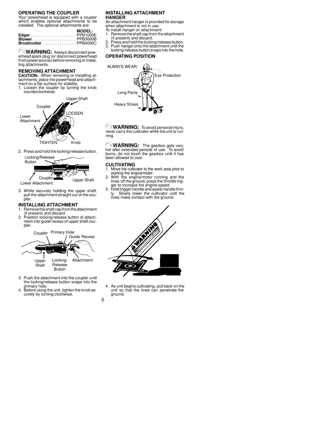 Poulan 530164258 Operating the Coupler, Removing Attachment, Installing Attachment Hanger, Operating Position, Cultivating 