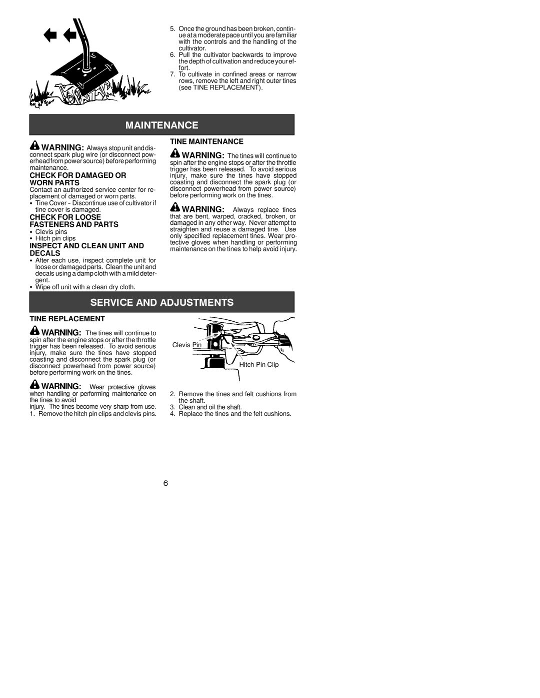 Poulan PPB2000T Tine Maintenance, Check for Damaged or, Worn Parts, Check for Loose, Fasteners and Parts, Decals 