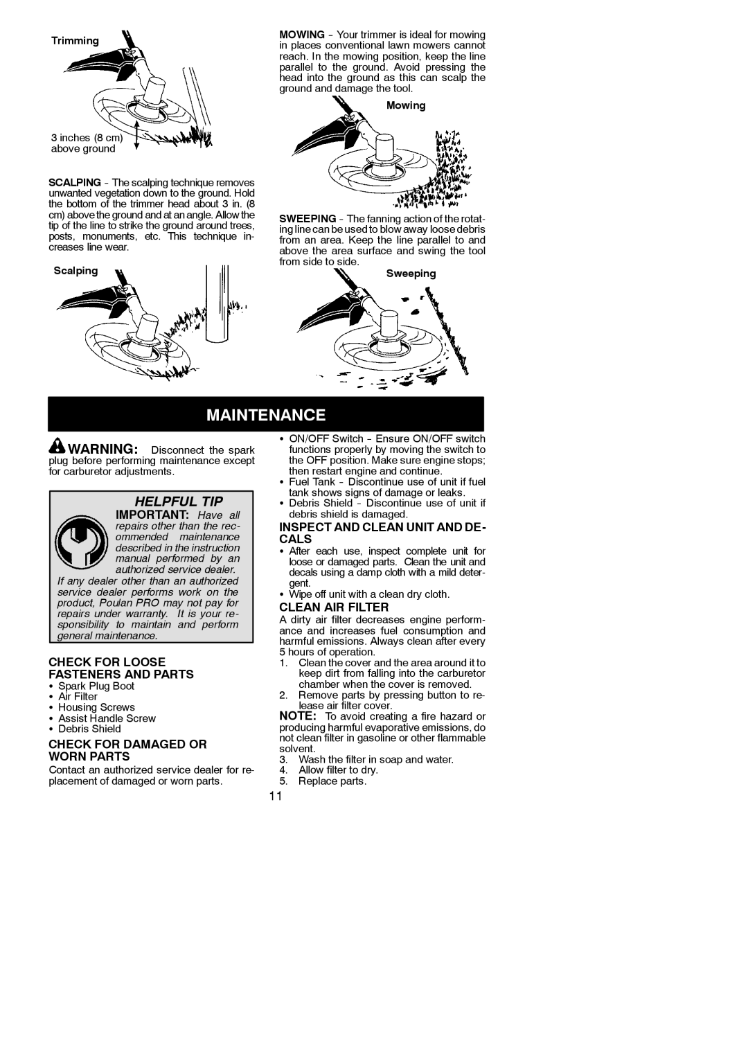 Poulan PPB250E Maintenance, Check for Loose Fasteners and Parts, Check for Damaged or Worn Parts, Clean AIR Filter 