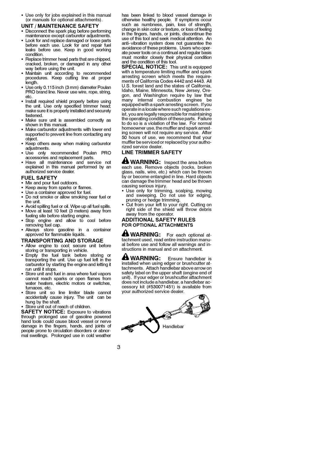 Poulan PPB250E instruction manual Unit / Maintenance Safety, Fuel Safety, Transporting and Storage, Line Trimmer Safety 