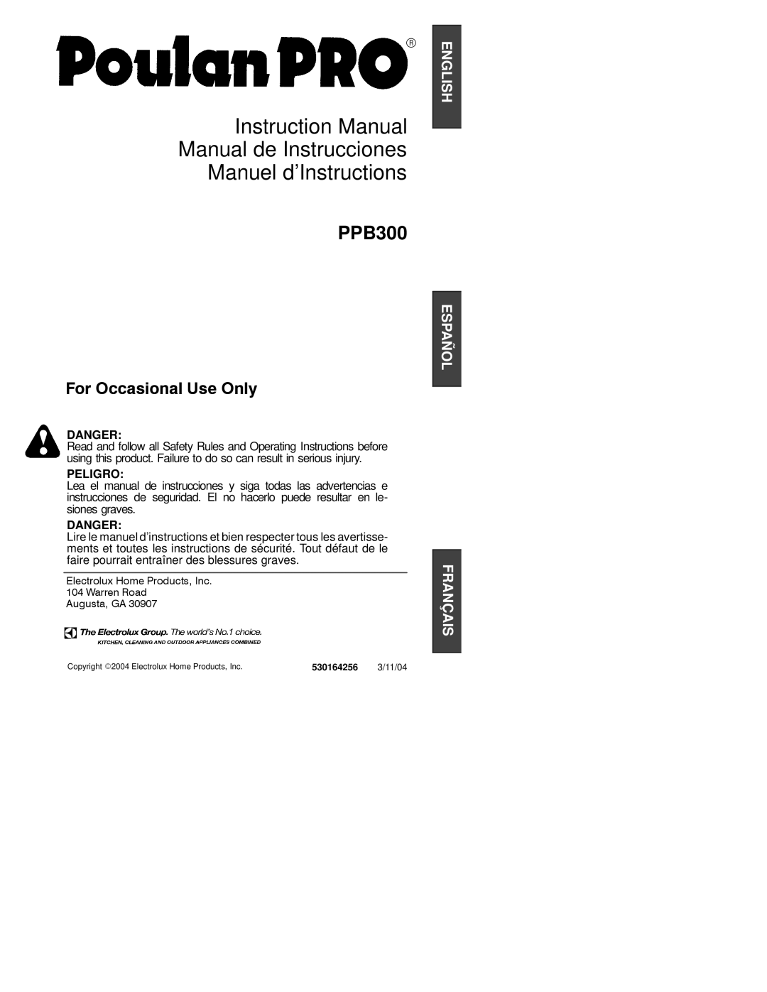 Poulan PPB300 instruction manual 530164256, 11/04 