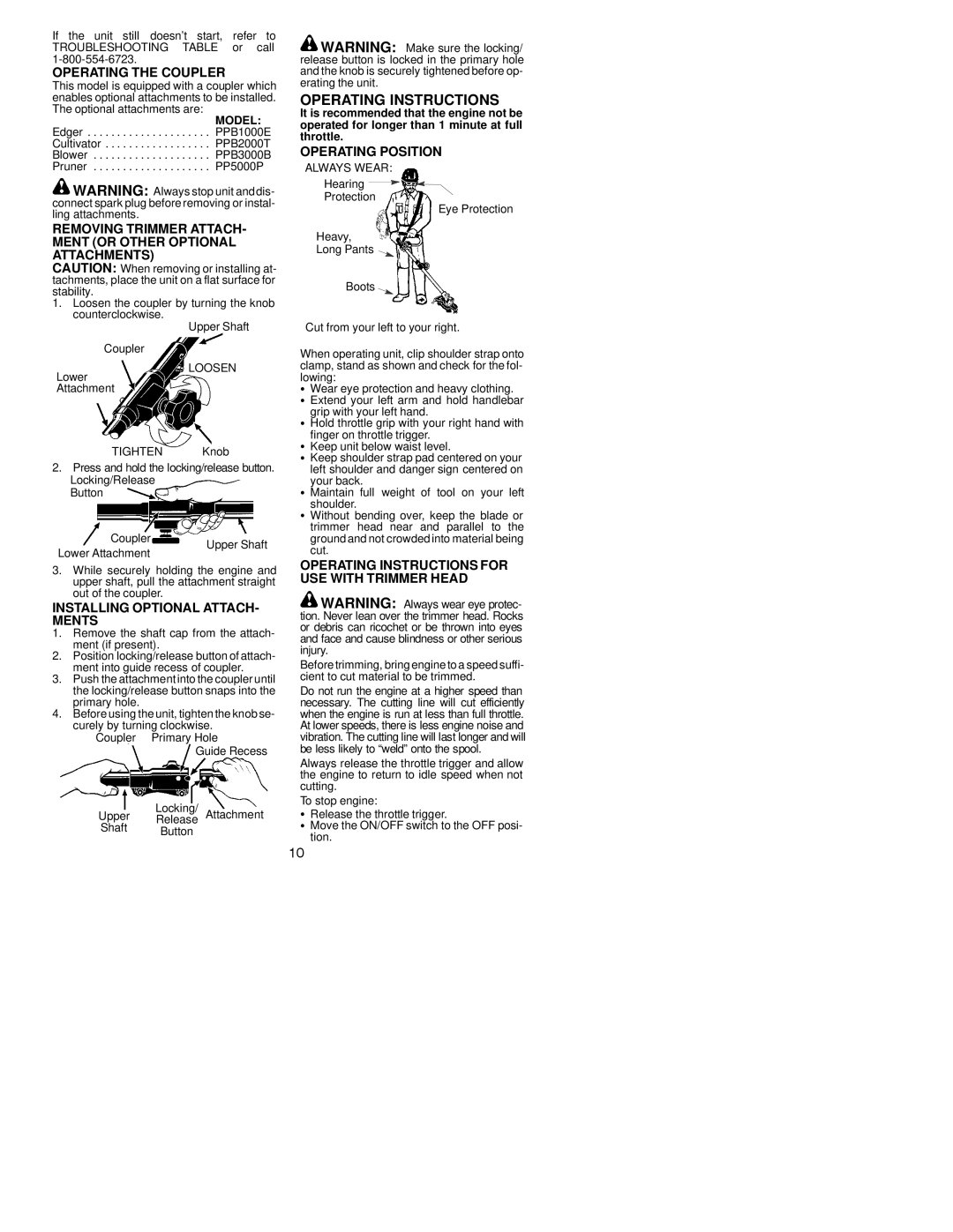 Poulan PPB300 Operating the Coupler, Removing Trimmer ATTACH- Ment or Other Optional Attachments, Operating Position 