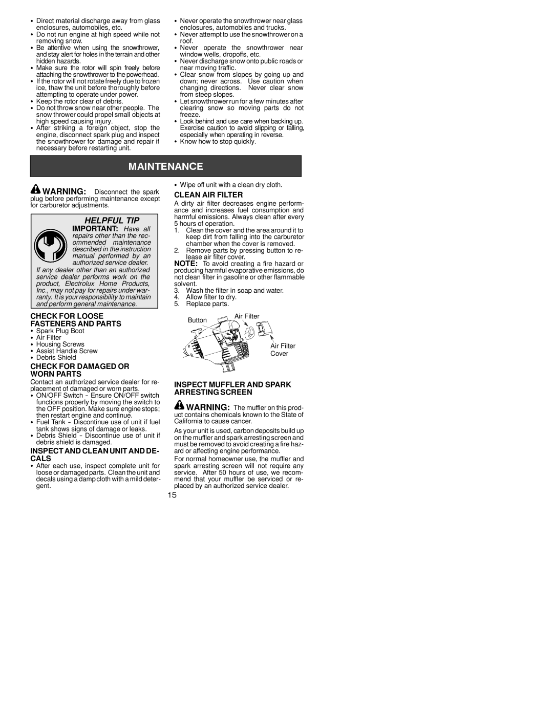 Poulan PPB300 Check for Loose Fasteners and Parts, Check for Damaged or Worn Parts, Inspect and Clean Unit and DE- Cals 