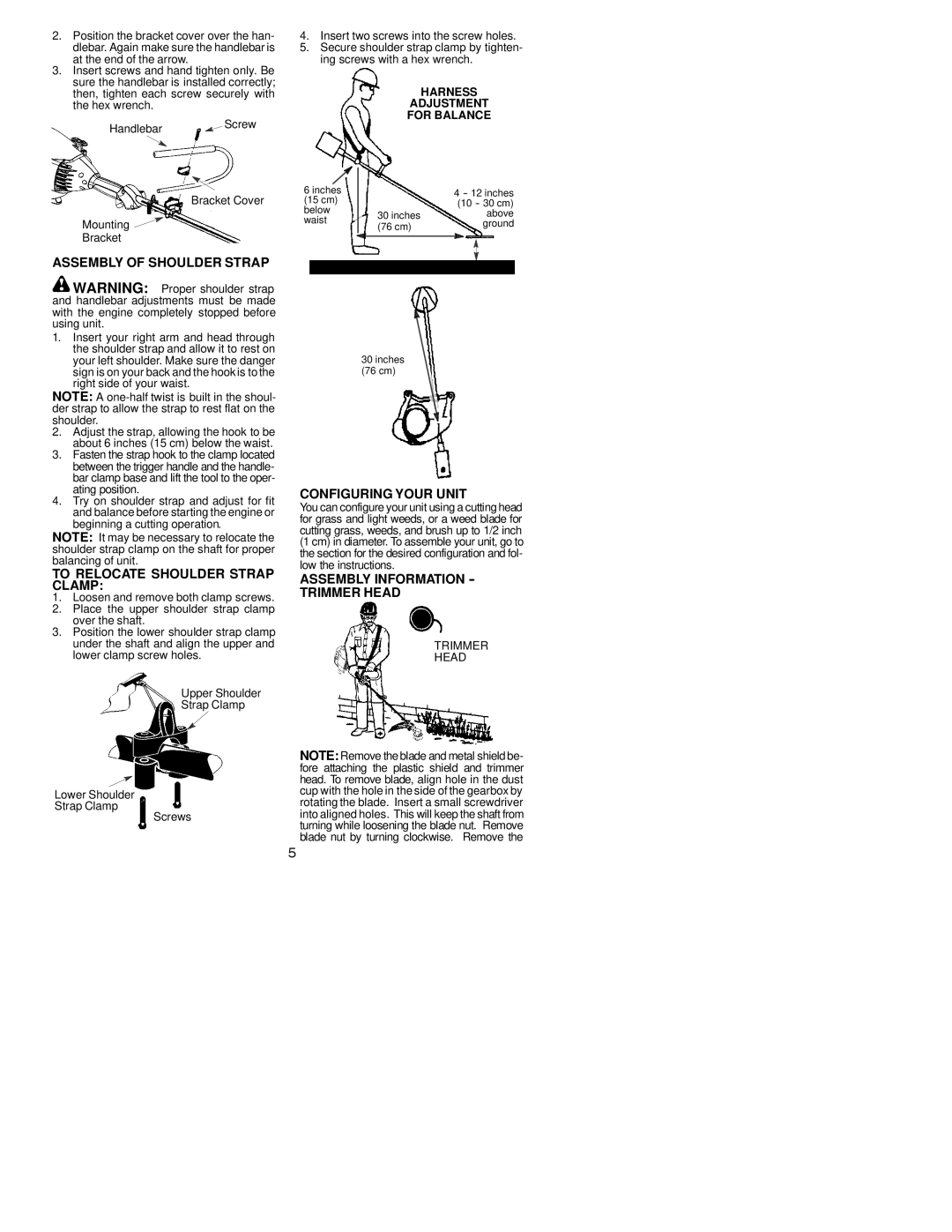 Poulan PPB300 Assembly of Shoulder Strap, To Relocate Shoulder Strap Clamp, Configuring Your Unit, Trimmer Head 