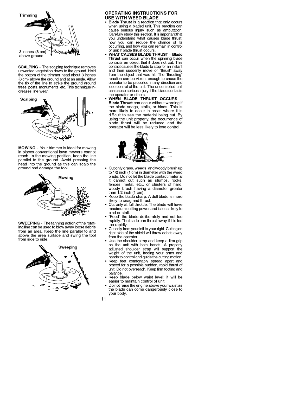 Poulan PPB300E instruction manual Operating Instructions for USE with Weed Blade, Trimming, Scalping, Mowing, Sweeping 