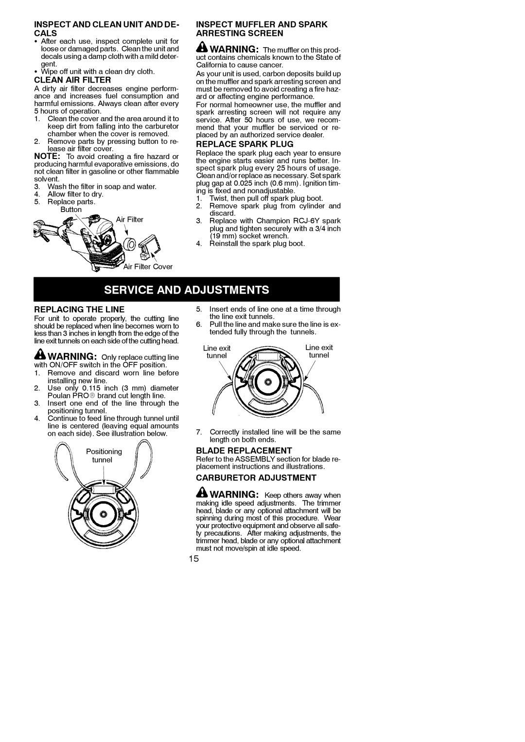 Poulan PPB300E instruction manual Service and Adjustments 