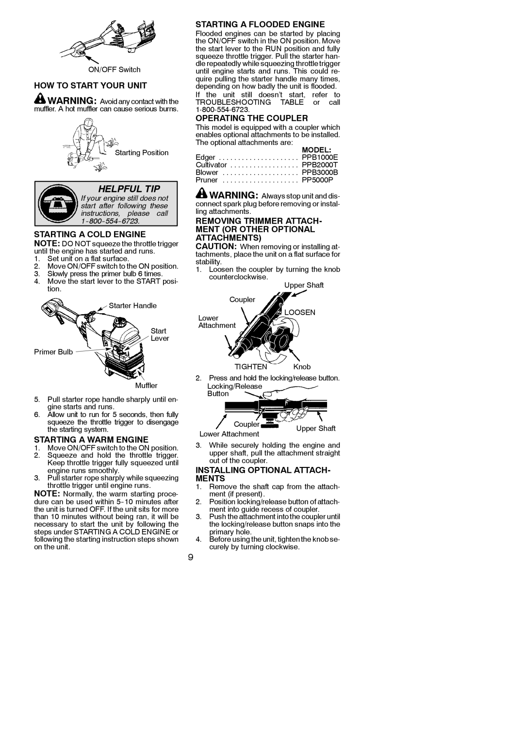 Poulan PPB300E HOW to Start Your Unit, Starting a Cold Engine, Starting a Flooded Engine, Operating the Coupler 