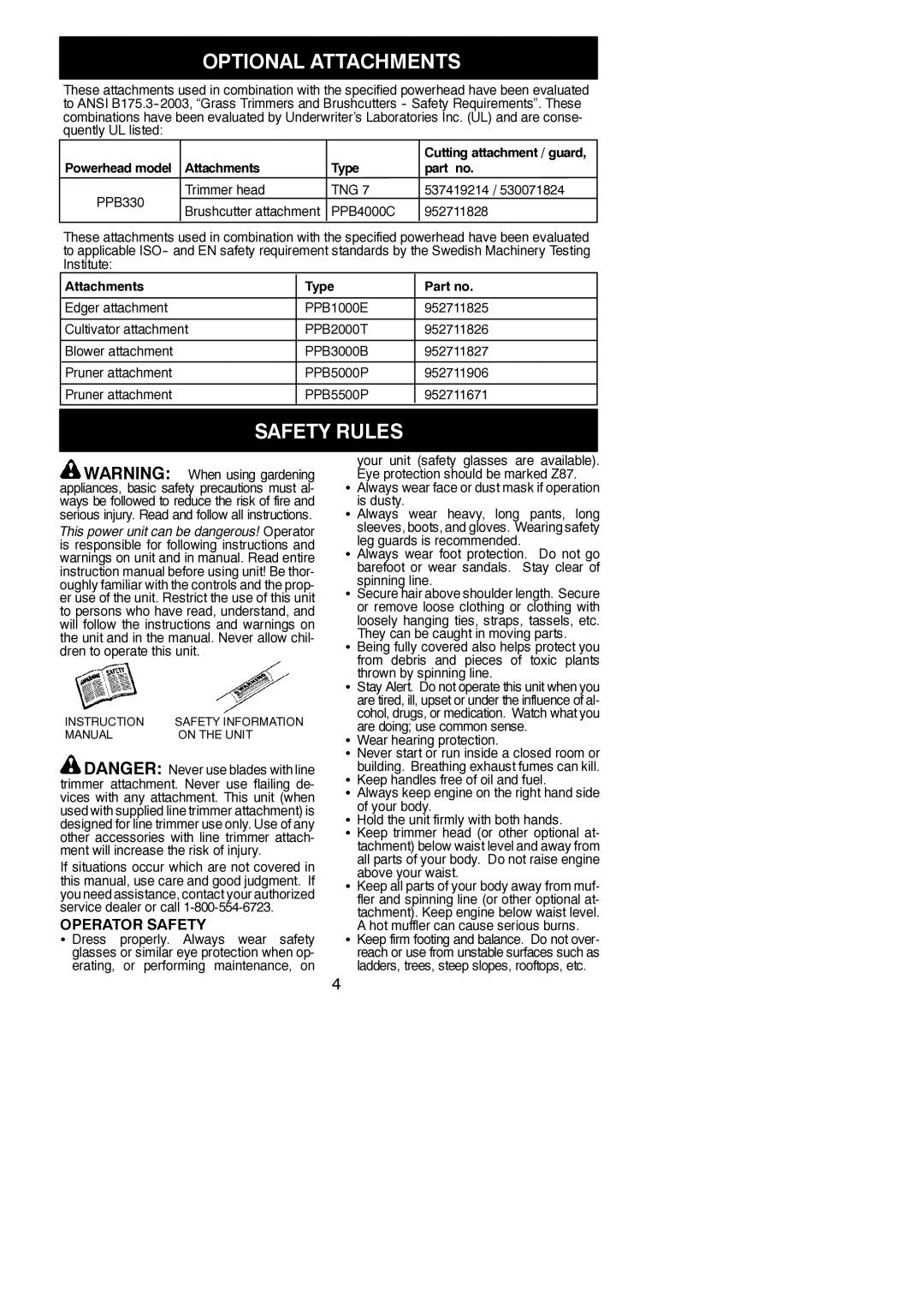 Poulan PPB330, 545186798 instruction manual Optional Attachments, Safety Rules, Operator Safety 