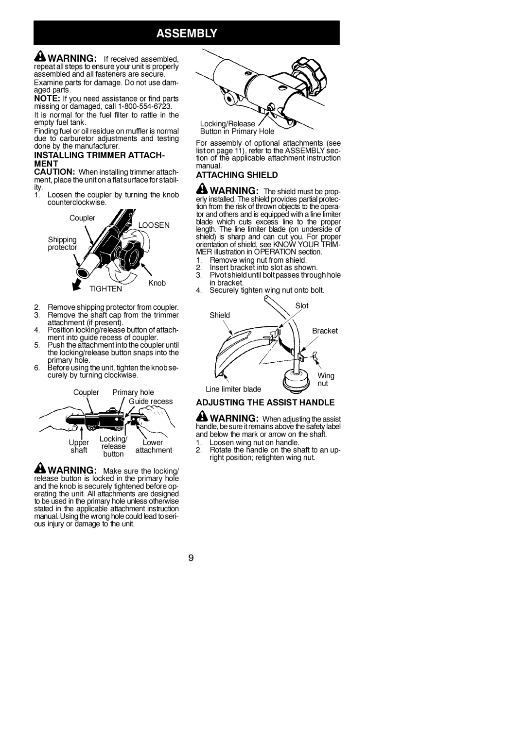 Poulan 545186798, PPB330 Assembly, Installing Trimmer ATTACH- Ment, Attaching Shield, Adjusting the Assist Handle 