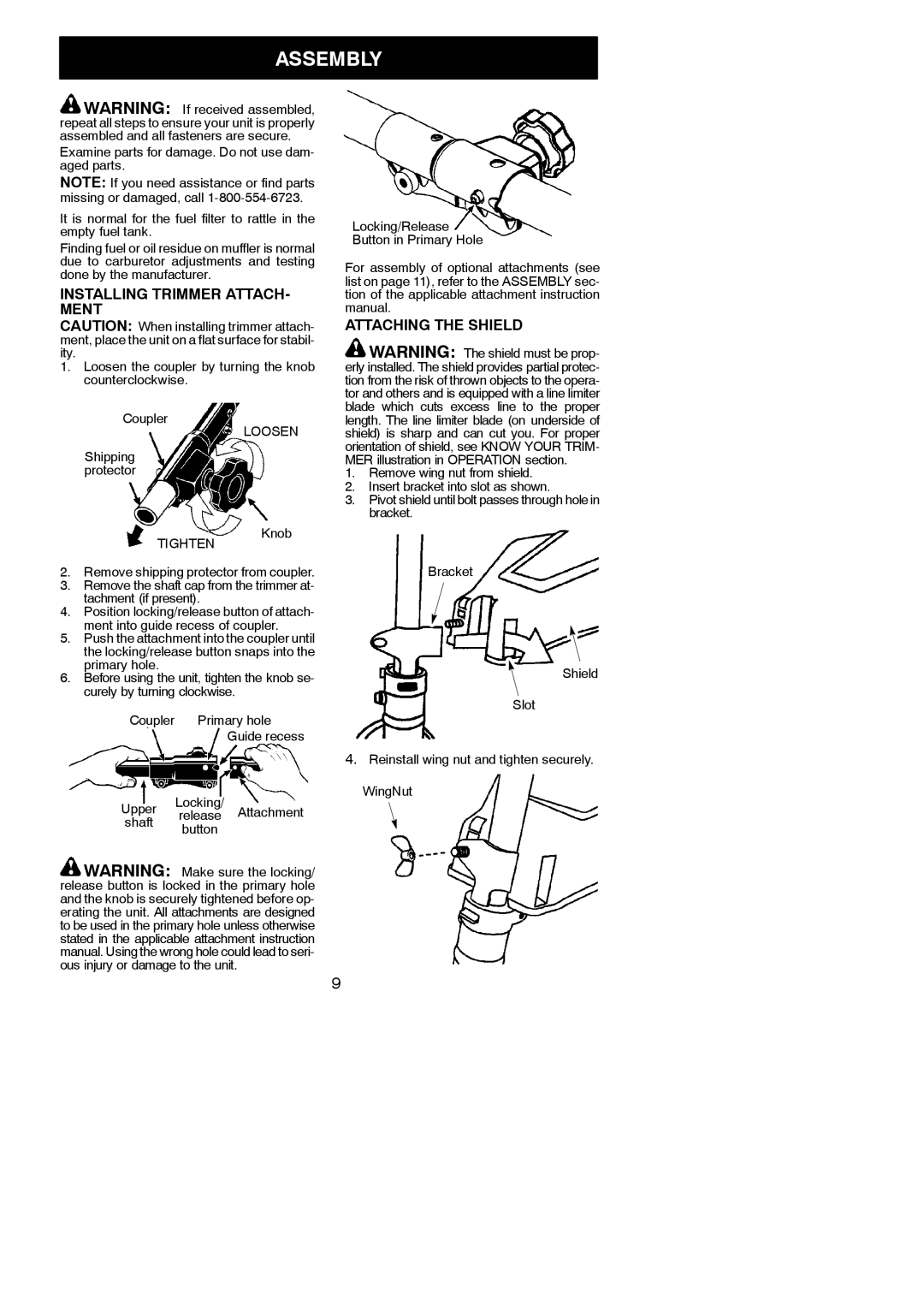 Poulan 545186799 Assembly, Installing Trimmer ATTACH- Ment, Attaching the Shield, Locking/Release Button in Primary Hole 