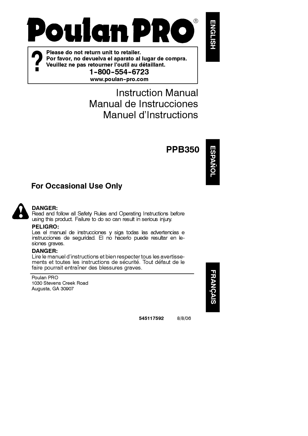 Poulan 545117592, PPB350 instruction manual Manual de Instrucciones Manuel d’Instructions, English Español Français 