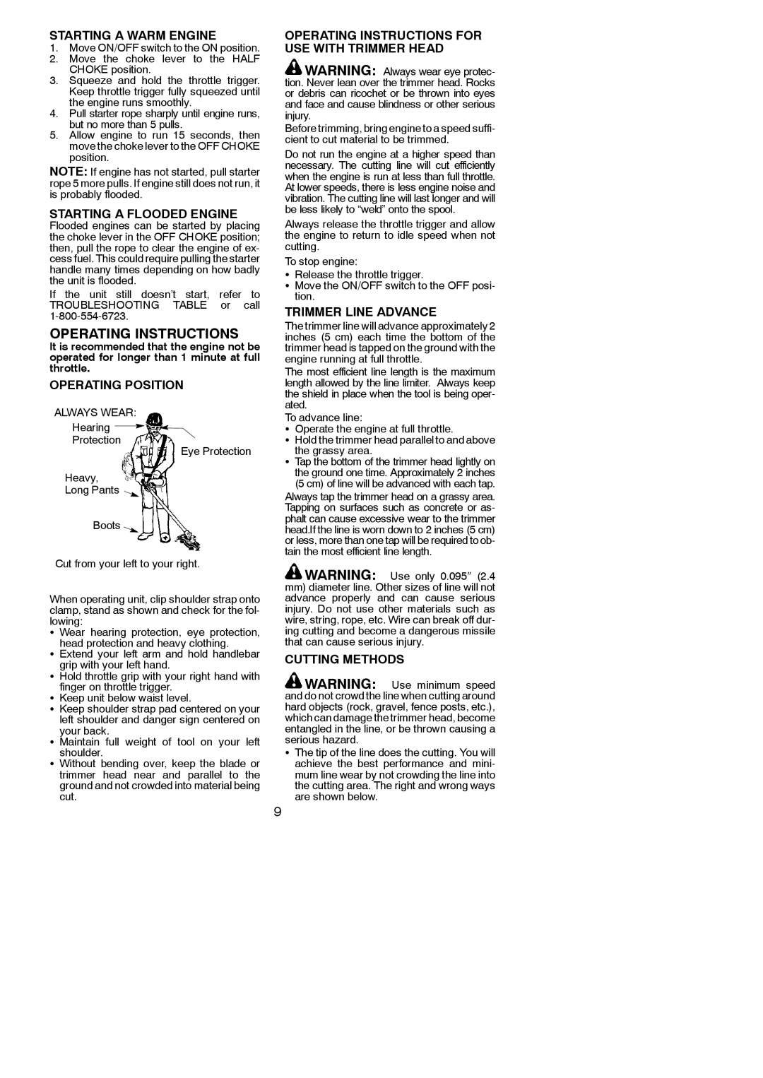 Poulan 545117592, PPB350 Starting a Warm Engine, Starting a Flooded Engine, Operating Position, Trimmer Line Advance 