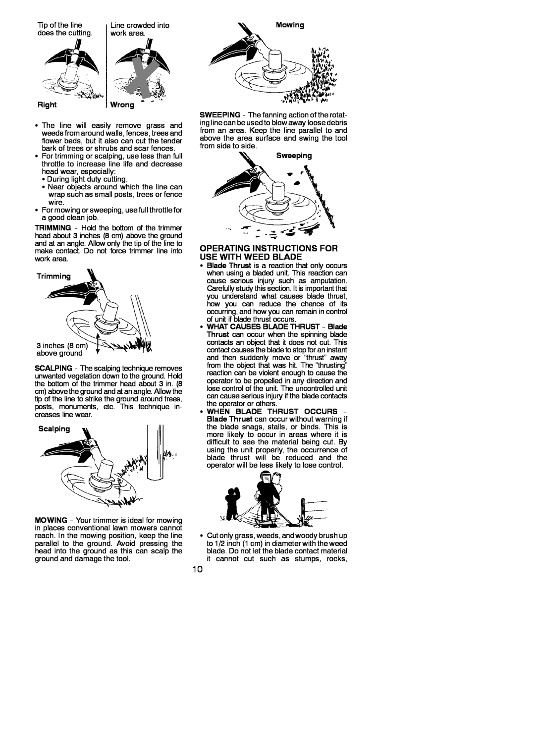 Poulan PPB350, 545117592 Operating Instructions For Use With Weed Blade, RightWrong, Trimming, Scalping, Mowing, Sweeping 