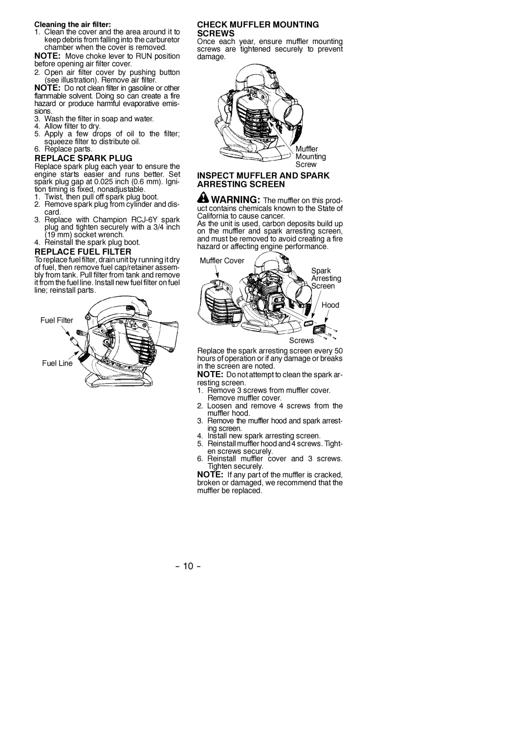 Poulan PPB430VS, 545146905 Replace Spark Plug, Replace Fuel Filter, Check Muffler Mounting Screws, Fuel Filter Fuel Line 