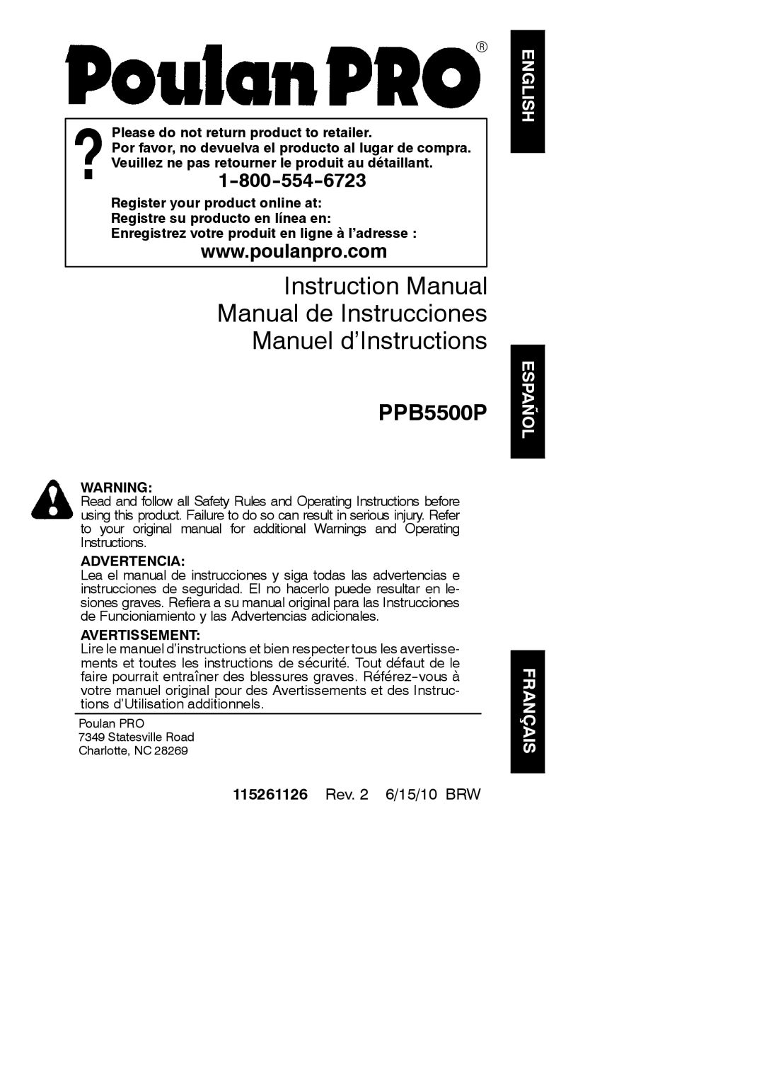 Poulan 952711671, PPB5500P, 115261126 instruction manual Manual de Instrucciones Manuel d’Instructions 