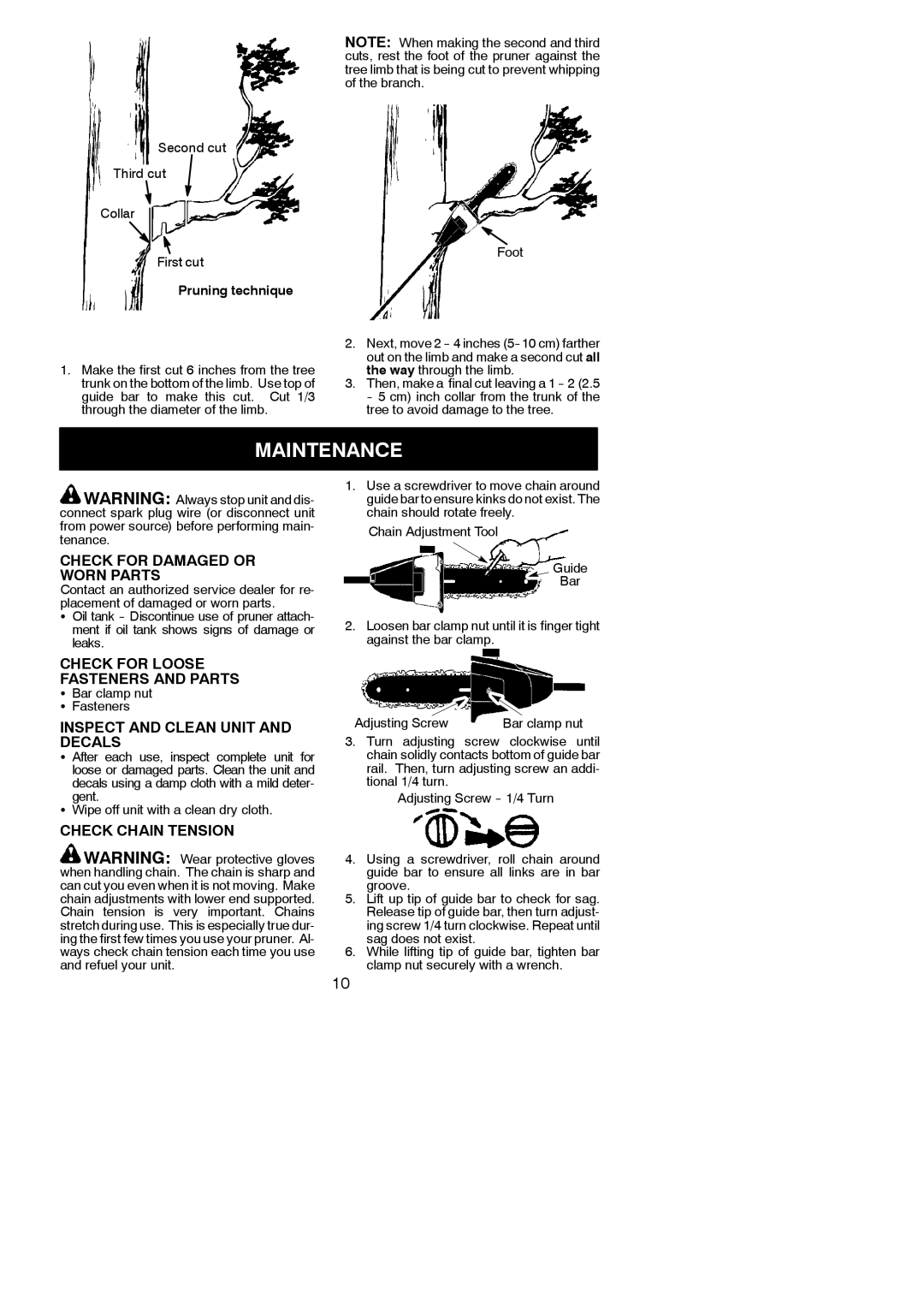 Poulan 952711671 Maintenance, Check for Damaged or Worn Parts, Check for Loose Fasteners and Parts, Check Chain Tension 