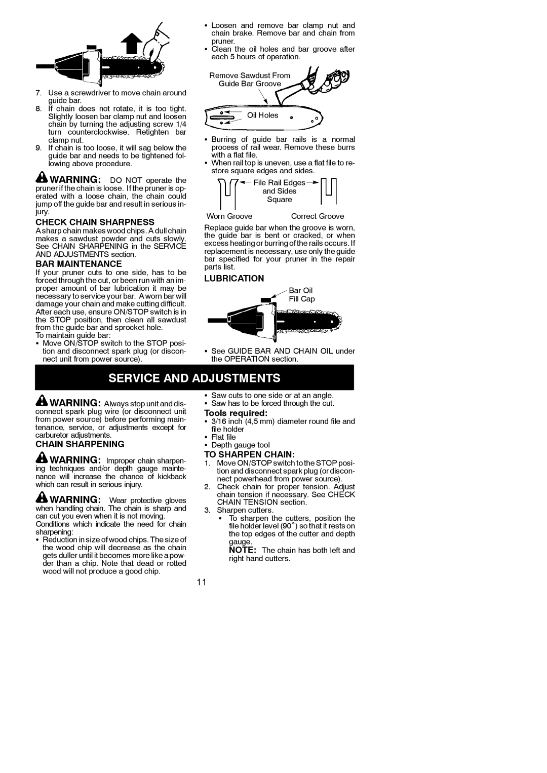 Poulan 115261126, PPB5500P, 952711671 instruction manual Service and Adjustments 