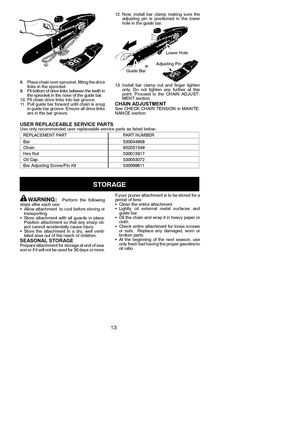 Poulan 952711671, PPB5500P, 115261126 instruction manual Chain Adjustment, User Replaceable Service Parts, Seasonal Storage 