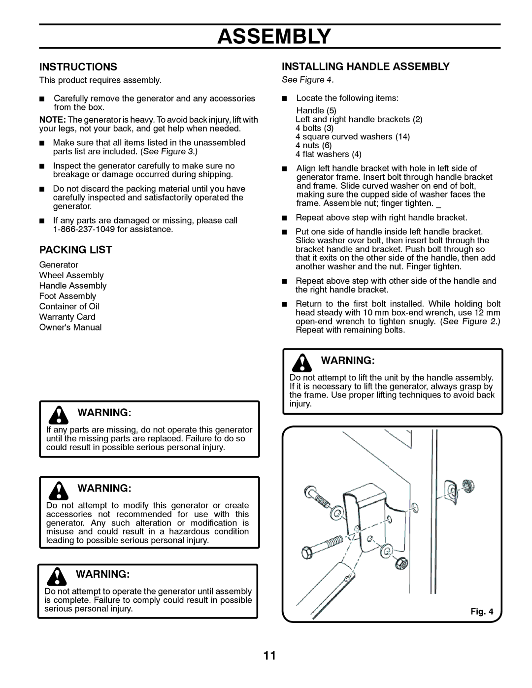 Poulan PPG 6000 owner manual Instructions, Packing List, Installing Handle Assembly 