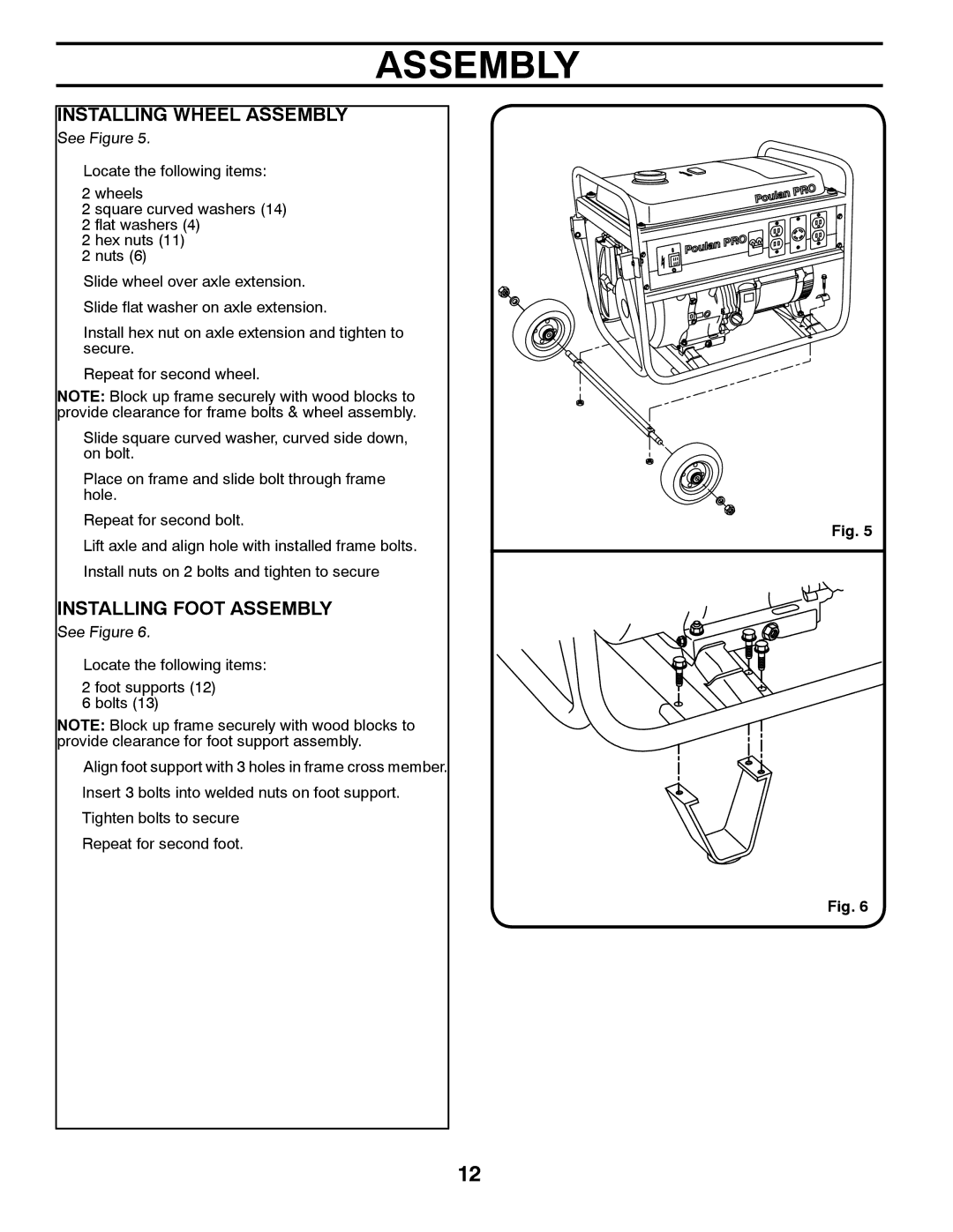 Poulan PPG 6000 owner manual Installing Wheel Assembly, Installing Foot Assembly 